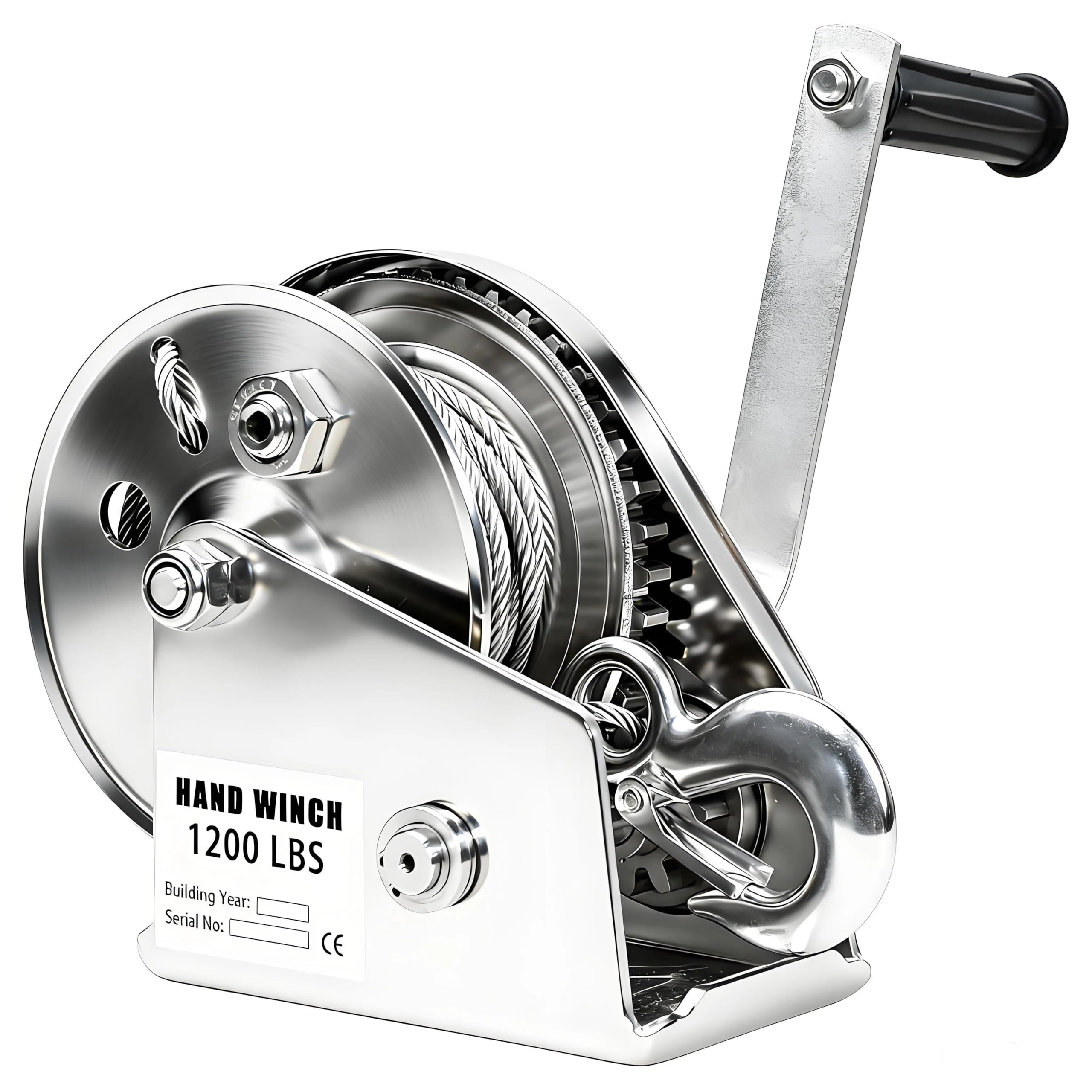 Verricello Manuale Piccolo Inox 10m, 1200lbs/2600lbs(1200lbs) | Argano Manuale a Fune con Freno Automatico e 10m Cavo per Rimorchio/ Barca, Argano a Cricchetto Manuale per Tirare/Sollevare