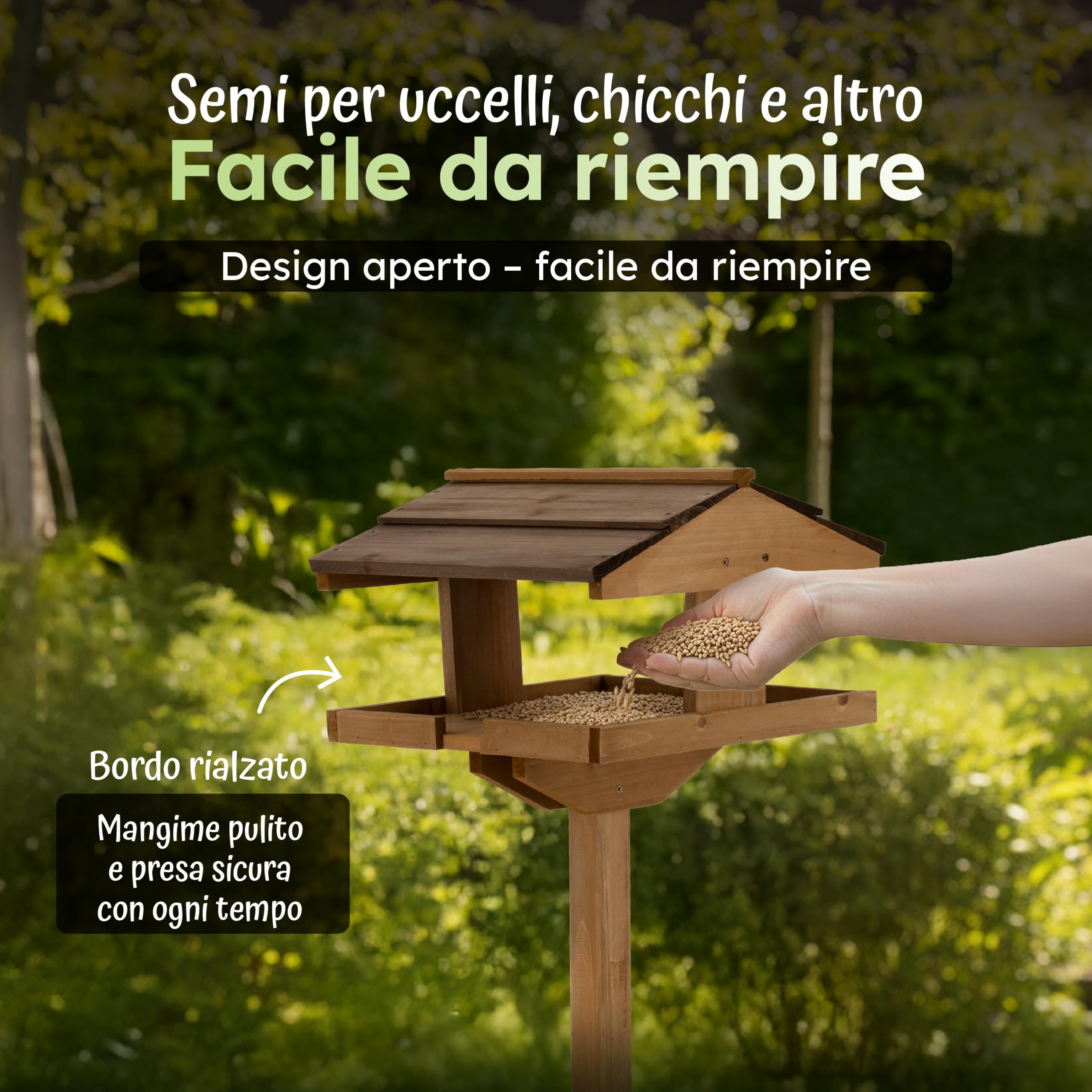 Moorland Casa per Uccelli Aperta in Legno di Abete FSC® con Supporto Alto | 114cm mangimatoia marrone tetto scuro in lame di kit da giardino terrazza resistente intemperie mangiatoia casetta VH4