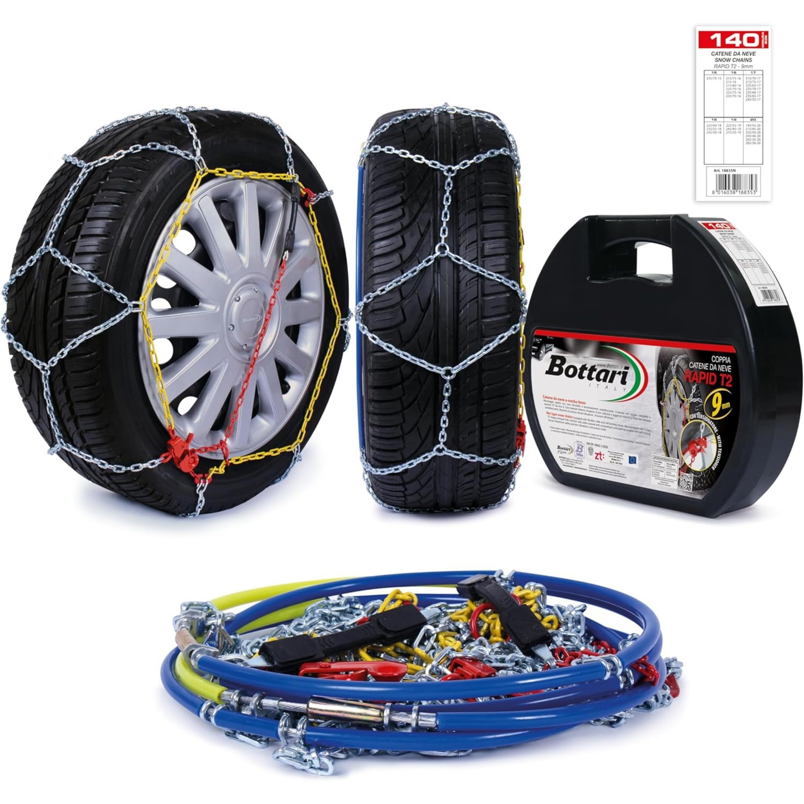 Bottari 18835 "Rapid T2" : Cadenas de nieve 9 mm para coches, Talla 140, TÜV Süd y ÖNORM V5117