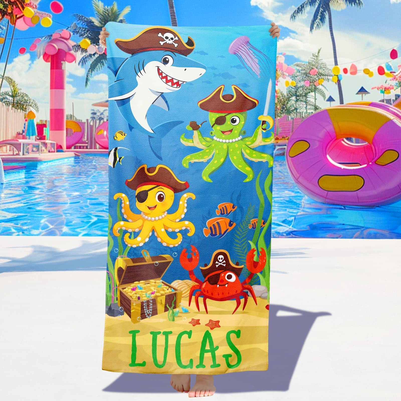 Loosusu Personalised Beach Towels for Kids - Custom Octopus Beach Towels with Monogram & Name- Ultra Absorbent Super Soft Swimming Towels for Kids,Customised Bath/Pool/Beach Towel for Boys Girls