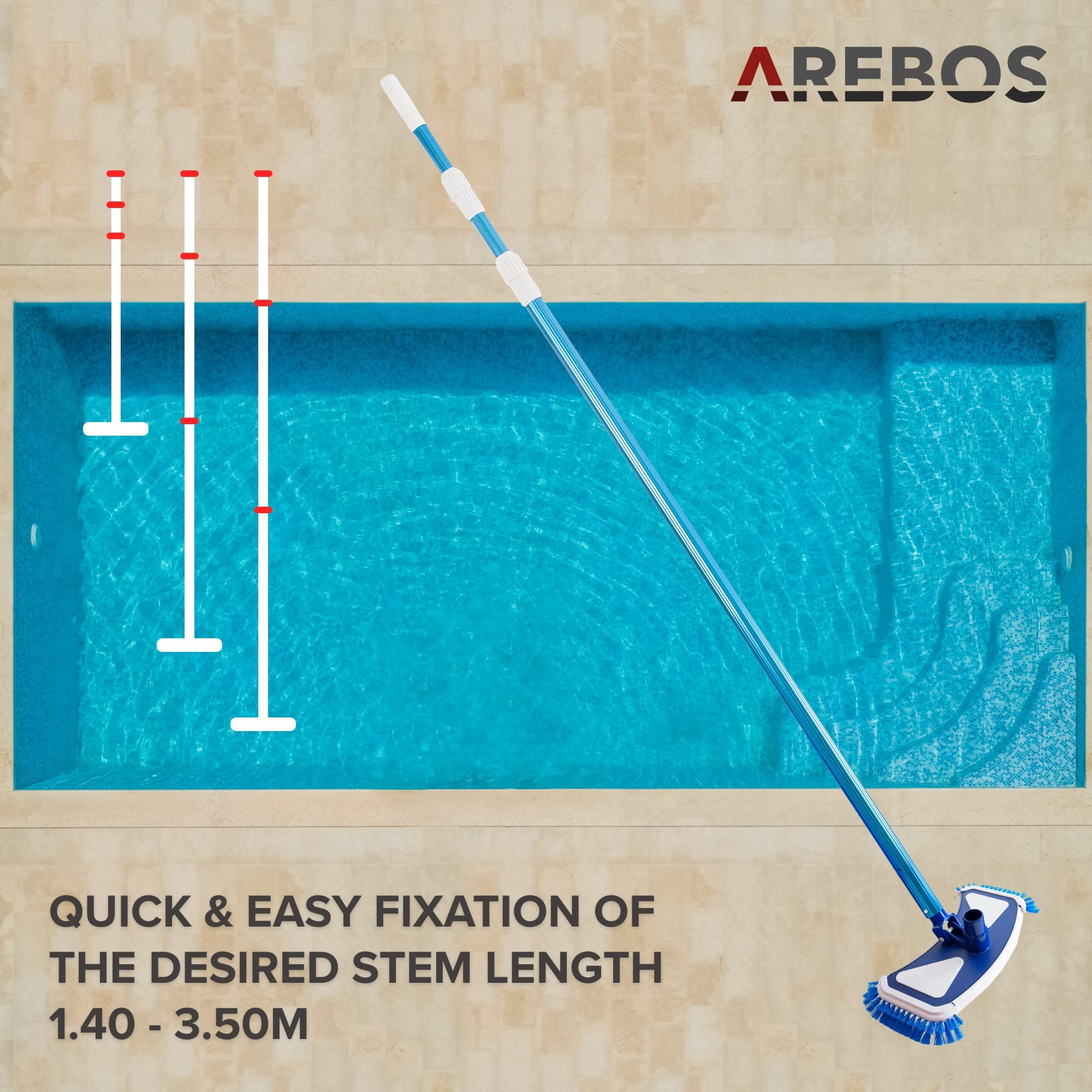 Arebos Spazzola Piscina | Aspiratore Manuale Fondo Piscina | Spazzola con Manico Telescopico e Tubo | Pulitore per Pavimento e Pareti