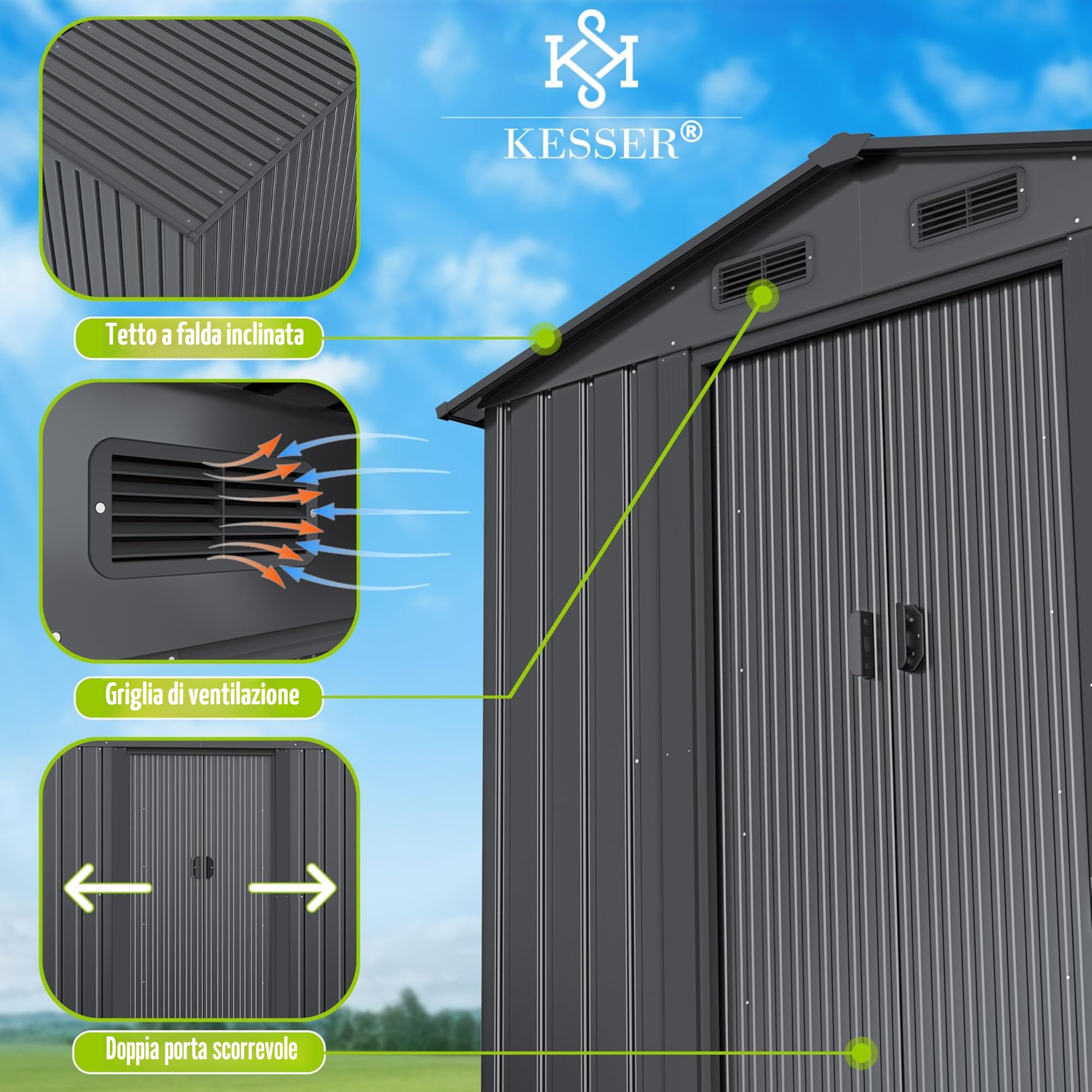 KESSER Casetta per attrezzi L metallo 3,4 m³ 195x131x186 cm 2 porte scorrevoli fondazione tetto spiovente