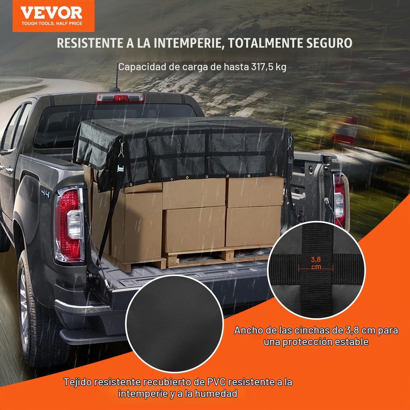 VEVOR Red de Carga de 2440 x 2060 mm Red de Carga Resistente de Carga de 318 kg, 4 Correas Ajustables con Mosquetones y Ganchos Recubiertos de Goma, Red de Transporte para Camiones, Jeeps, Barcos