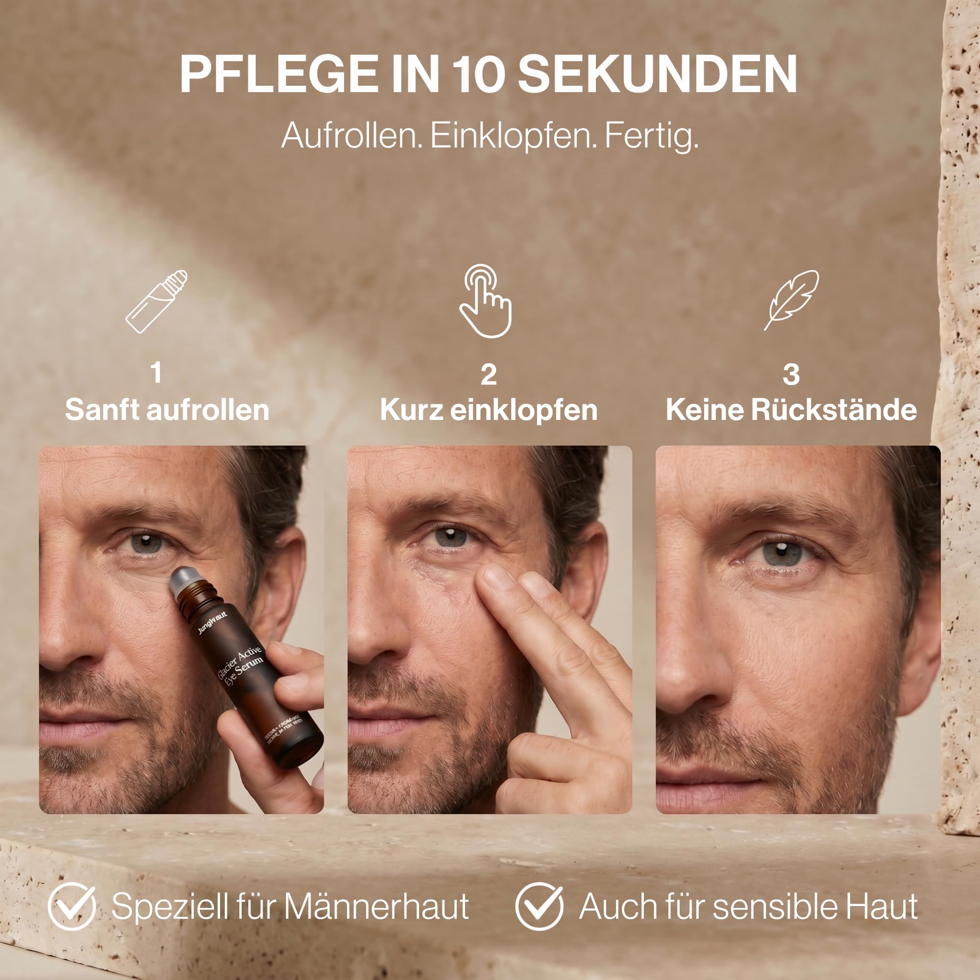 Glacier Active Eye Serum für Männer 10ml, Natürliches, hochkonzentriertes Serum gegen Augenringe, Schwellungen, erste Falten, Mit Hyaluronsäure und Koffein, kühlender Roll-on (vegan)