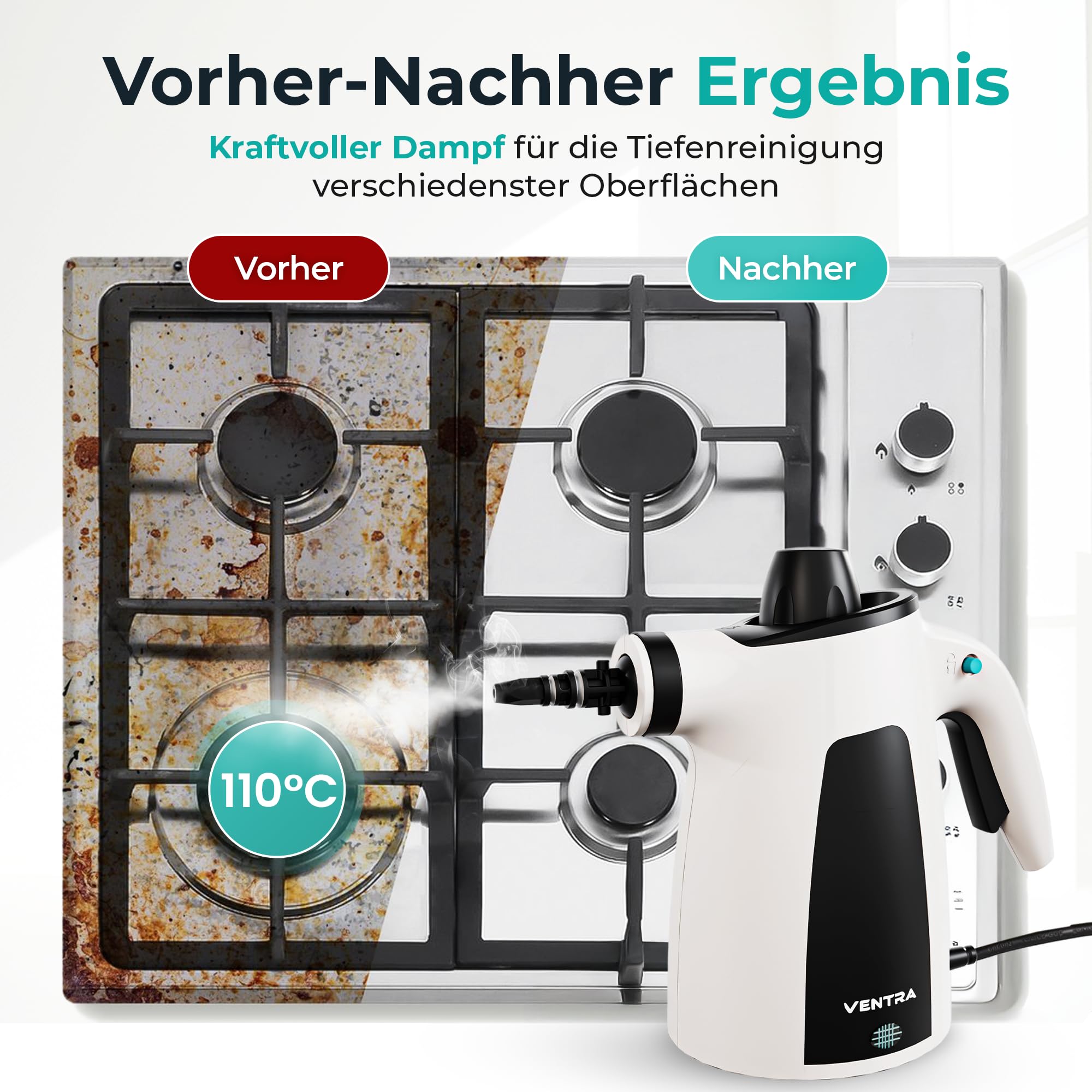 VENTRA® 15-teilig Dampfreiniger – Handdampfreiniger – 3.5 Bar | Extra leistungsstarkes, 5 Meter Stromkabel, inklusive Mikrofasertuch