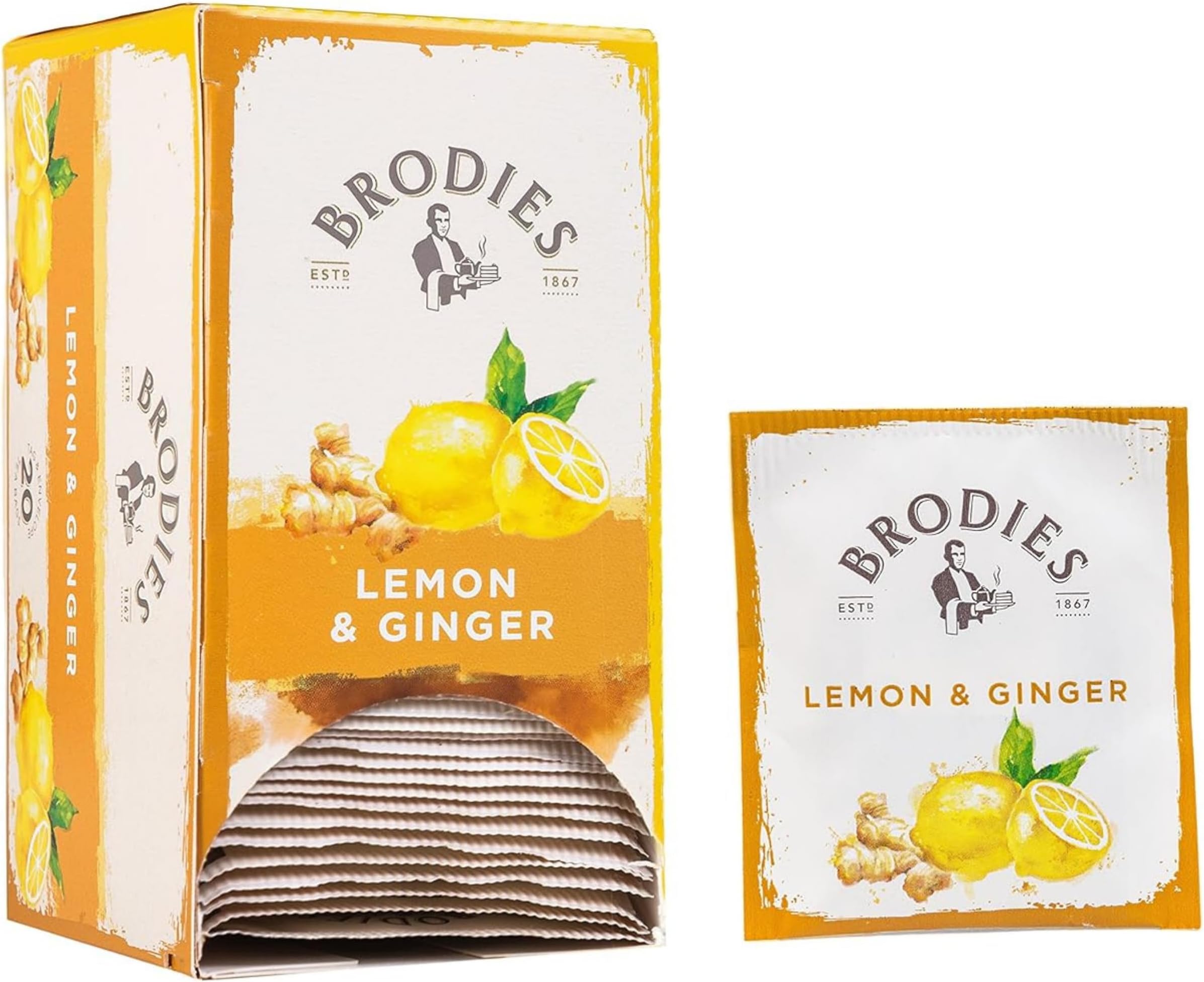 Brodies Tea, Lemon & Ginger, Caffeine Free Tea Imported from Scotland, Box of 20 Tag and Envelope Bags (Pack of 1)