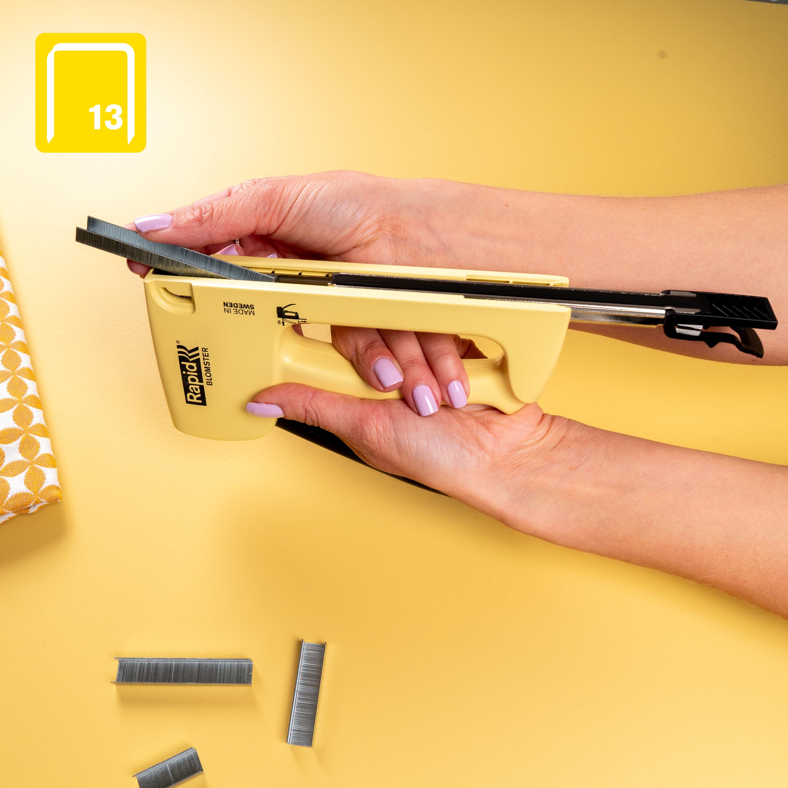 Rapid R13 Graffatrice per Tessuti e Tappezzerie. Realizzata con Plastica Riciclata al 90% e Acciaio, Prodotta in Svezia, Compatibile con graffette n. 13 da 4-10 mm, Giallo Blomster