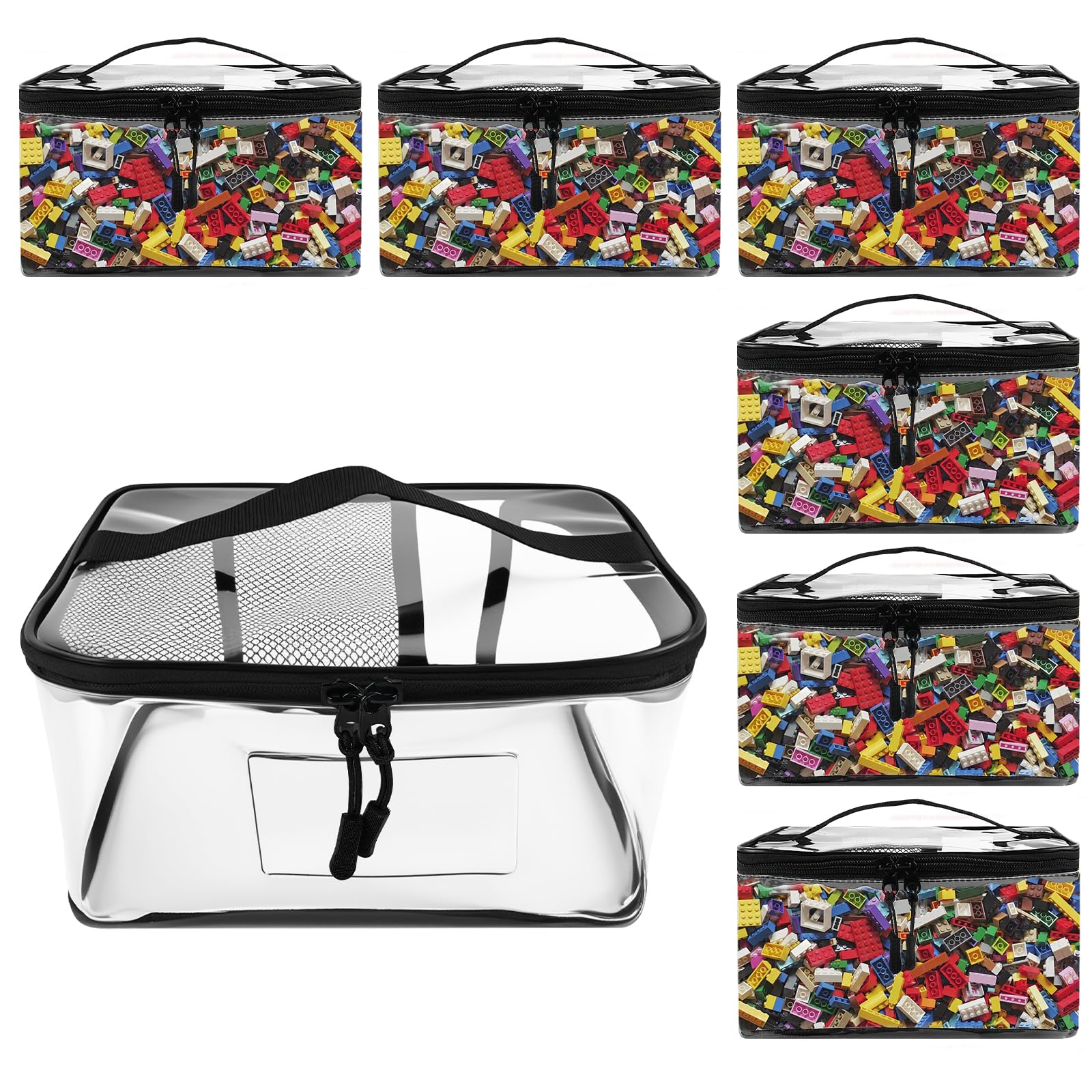 6 Packs Clear Toy Storage Bags- 9.8 x 7 x 6 Inch Transparent PVC Toy Organizing Bags with Zipper- Waterproof Toy Storage Organizer Pouch for Building Blocks, Small Toys (Black)