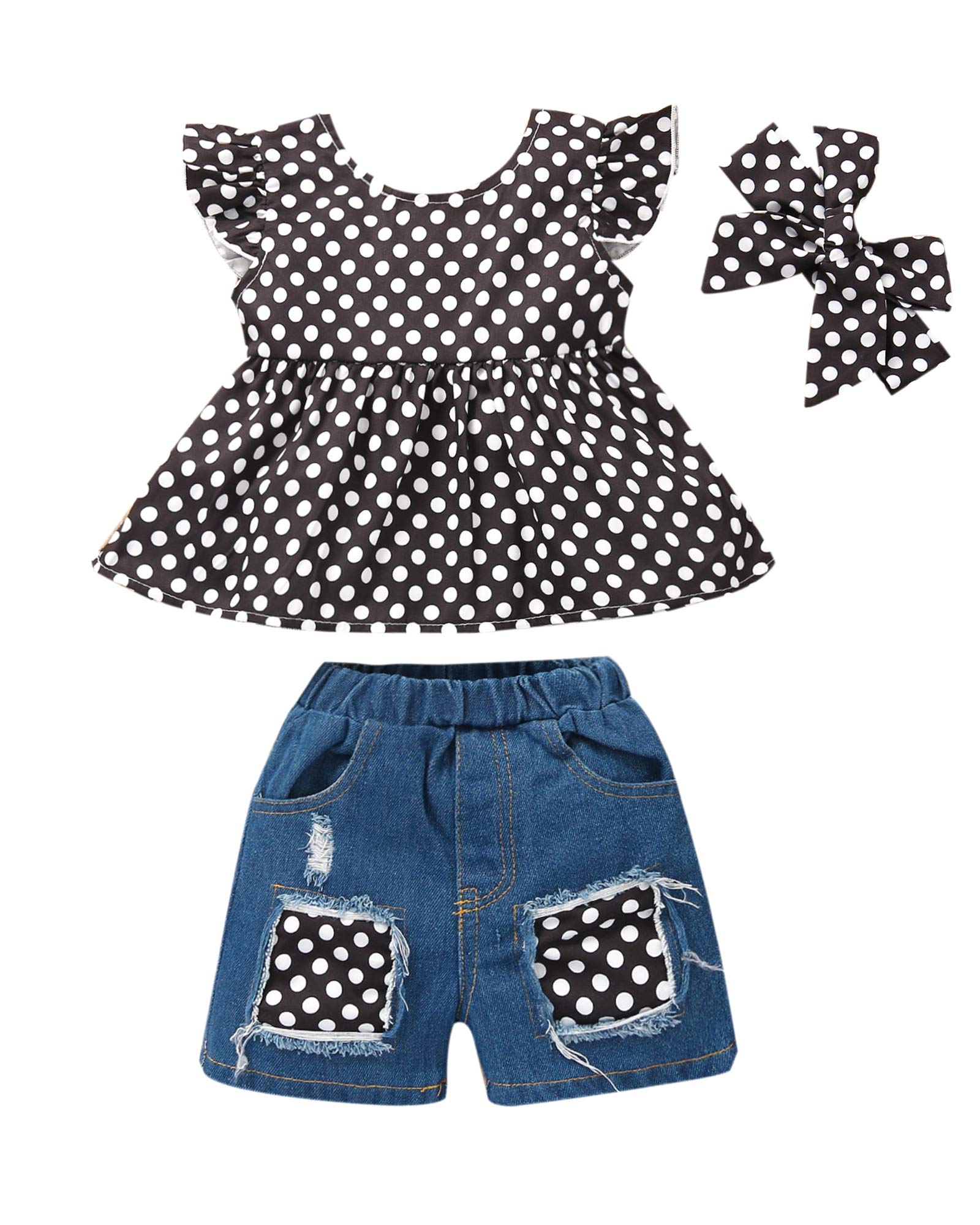 Baby Girls Summer Short Outfits Ruffle Floral Short Sleeve+Ripped Patchwork Denim Shorts Pants with Headband 3Pcs Set
