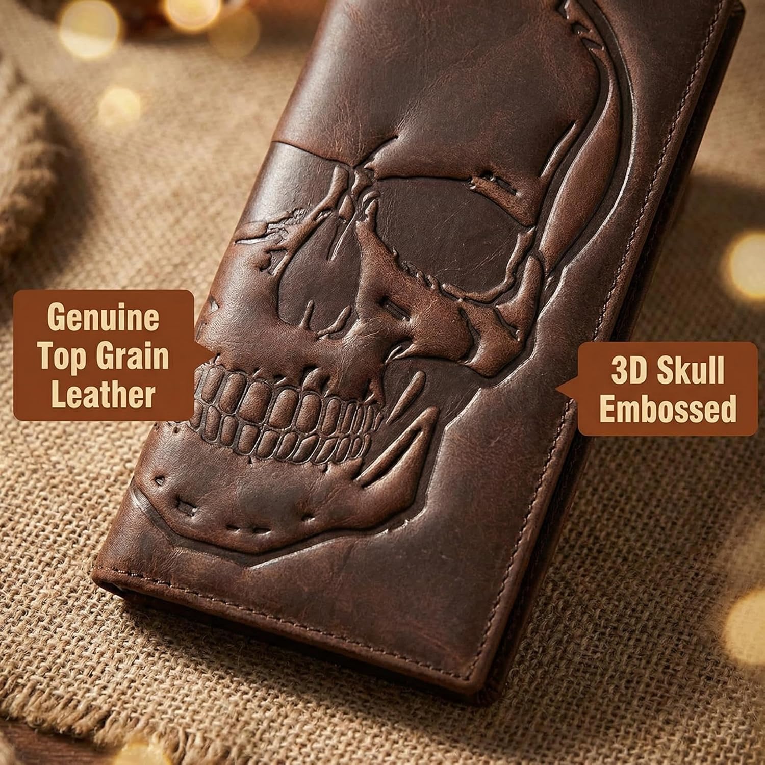 Skull Long Bifold Wallet for Men Full Grain Cowhide Genuine Leather Biker Wallet with Chain, RFID-Blocking, Brown