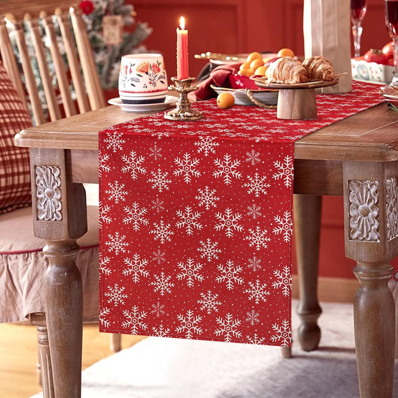 Camino de Mesa Navideño Copos de Nieve de Temporada Invierno Navidad Vacaciones Lino Blanco Decoración de Mesa de Comedor de Cocina para Fiestas en el Hogar, Interior y Exterior 33 x 183 cm