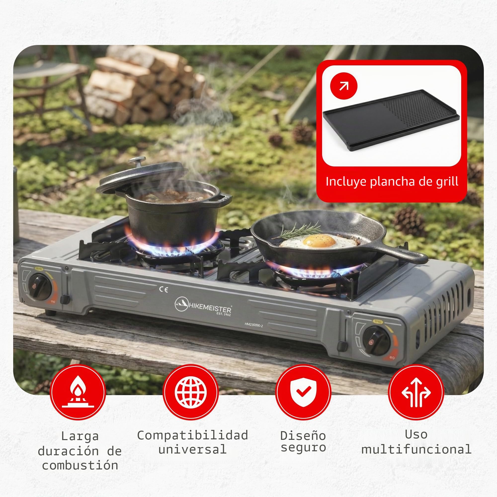 Hikemeister® Hornillo de camping de 2 fuegos con parrilla y 12 cartuchos de gas, hornillo de gas portátil 2 x 2,2 kW, incluye maletín de transporte, estufa de gas al aire libre para camping, balcón y