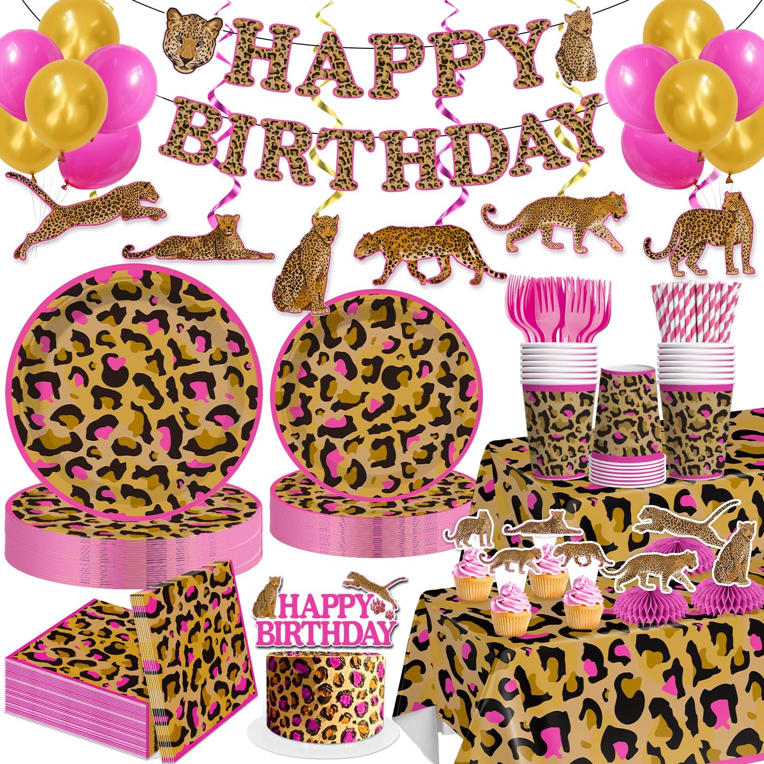 cocomigo 193pcs Cheetah Birthday Decorations Tableware Set, 25 Guests