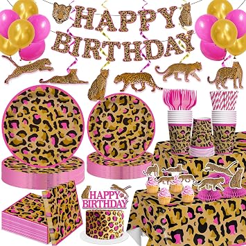 cocomigo 193pcs Cheetah Birthday Decorations Tableware Set, 25 Guests