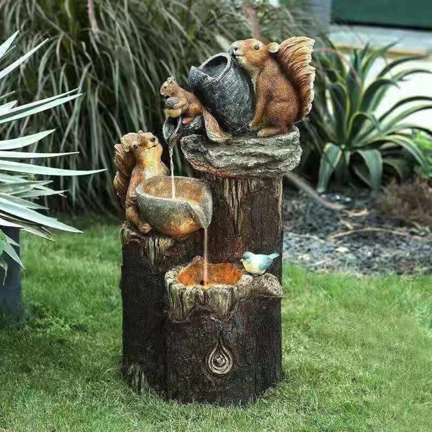 Solar Powered Water Feature Outdoor Indoor, Waterscape Fountain Statue Garden Water Fountain with LED Light, Resin Squirrel Duck Statue Waterfall Fountain for Patio Fountain Decoration(Squirrel)