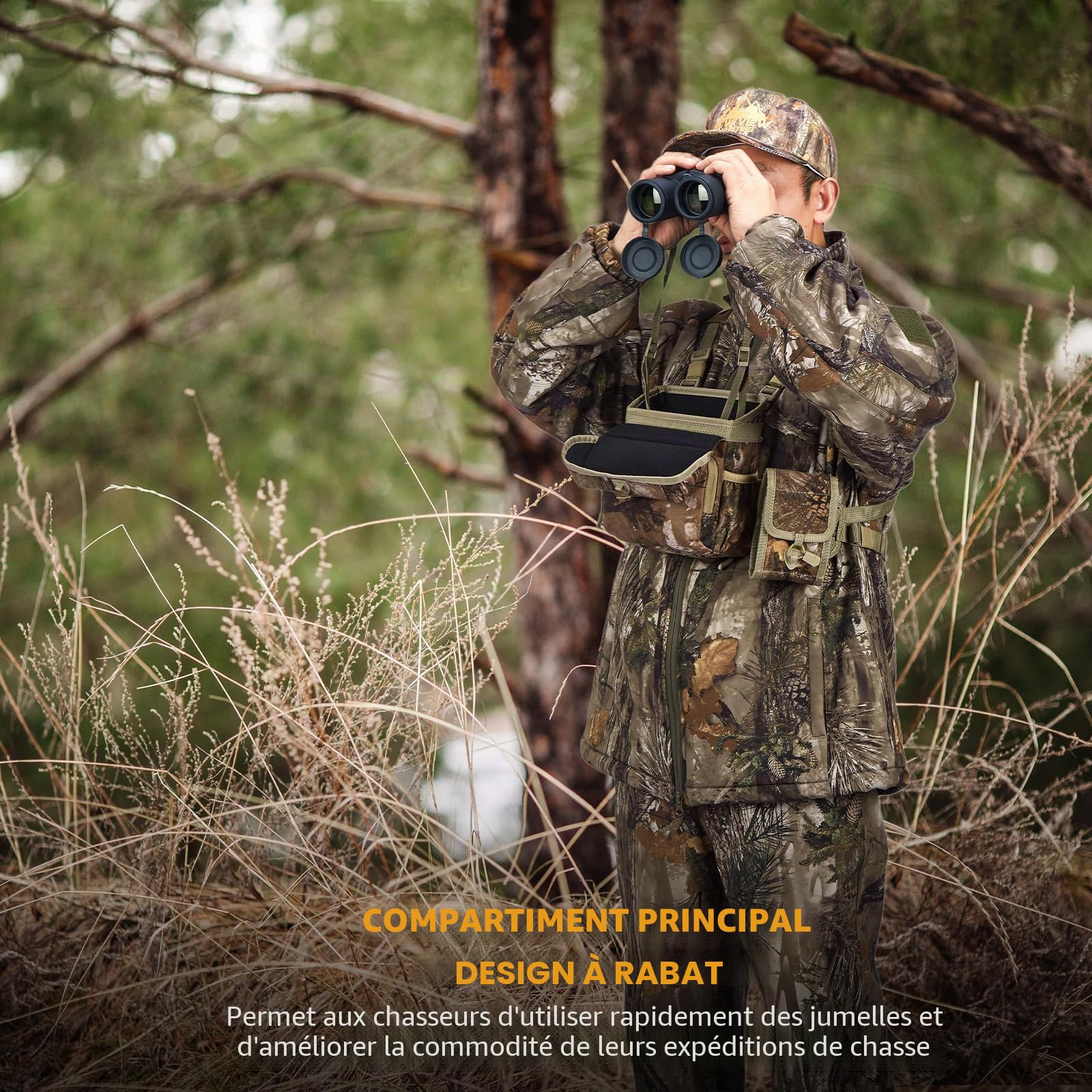 NewView Harnais Binocular avec Sac de télémètre Amovible, Sangle bino réglable et Protection Contre la Pluie - Idéal pour la Chasse, la randonnée et l'observation des Oiseaux - Quiet-M