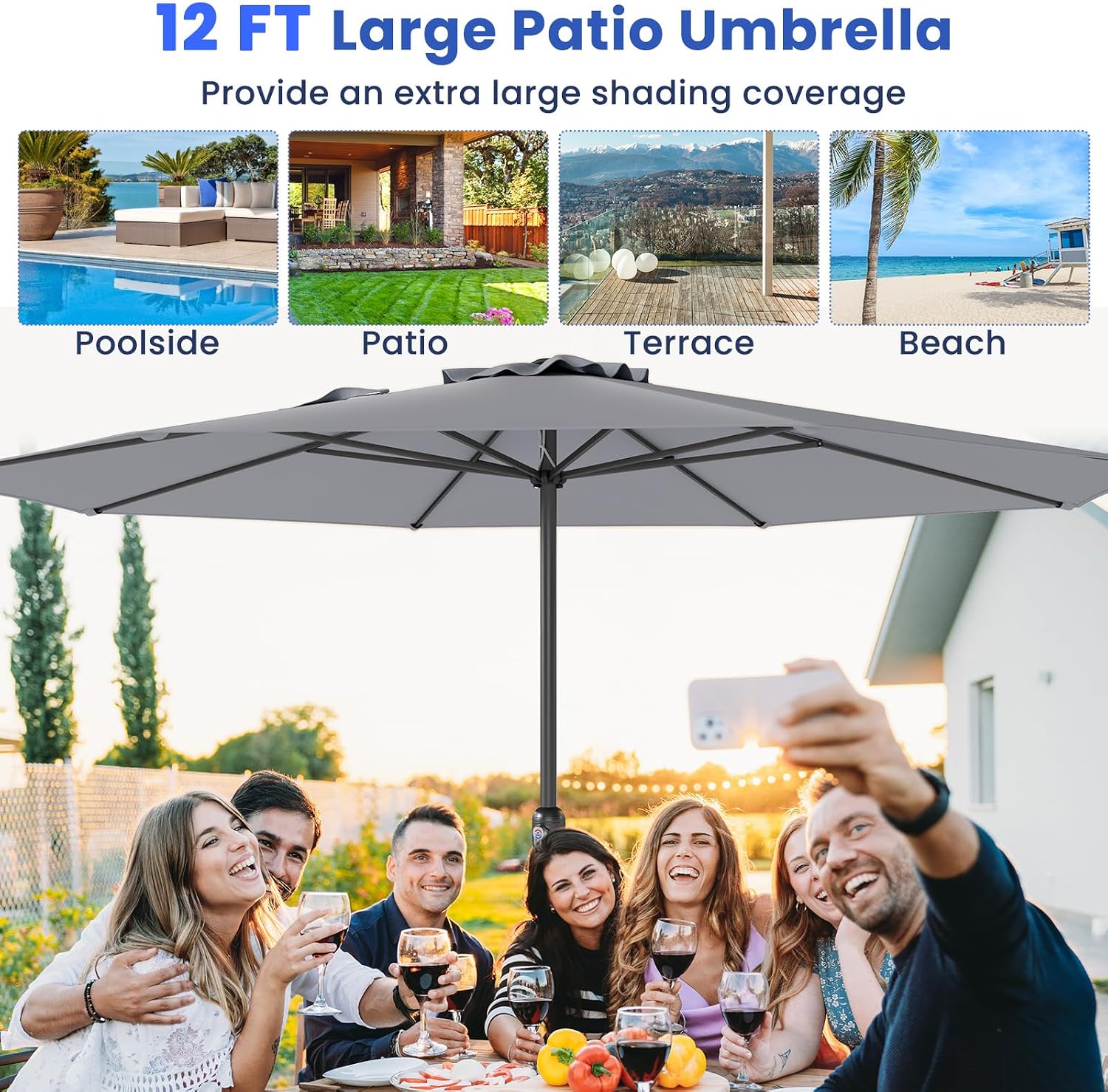 Tangkula 12 FT Patio Umbrella, Outdoor Market Umbrella with Crank Handle, 8 Sturdy Ribs, Double-Tiered Table Umbrella, Sun-Protective Waterproof Canopy Round Parasol for Garden Backyard Pool (Grey)