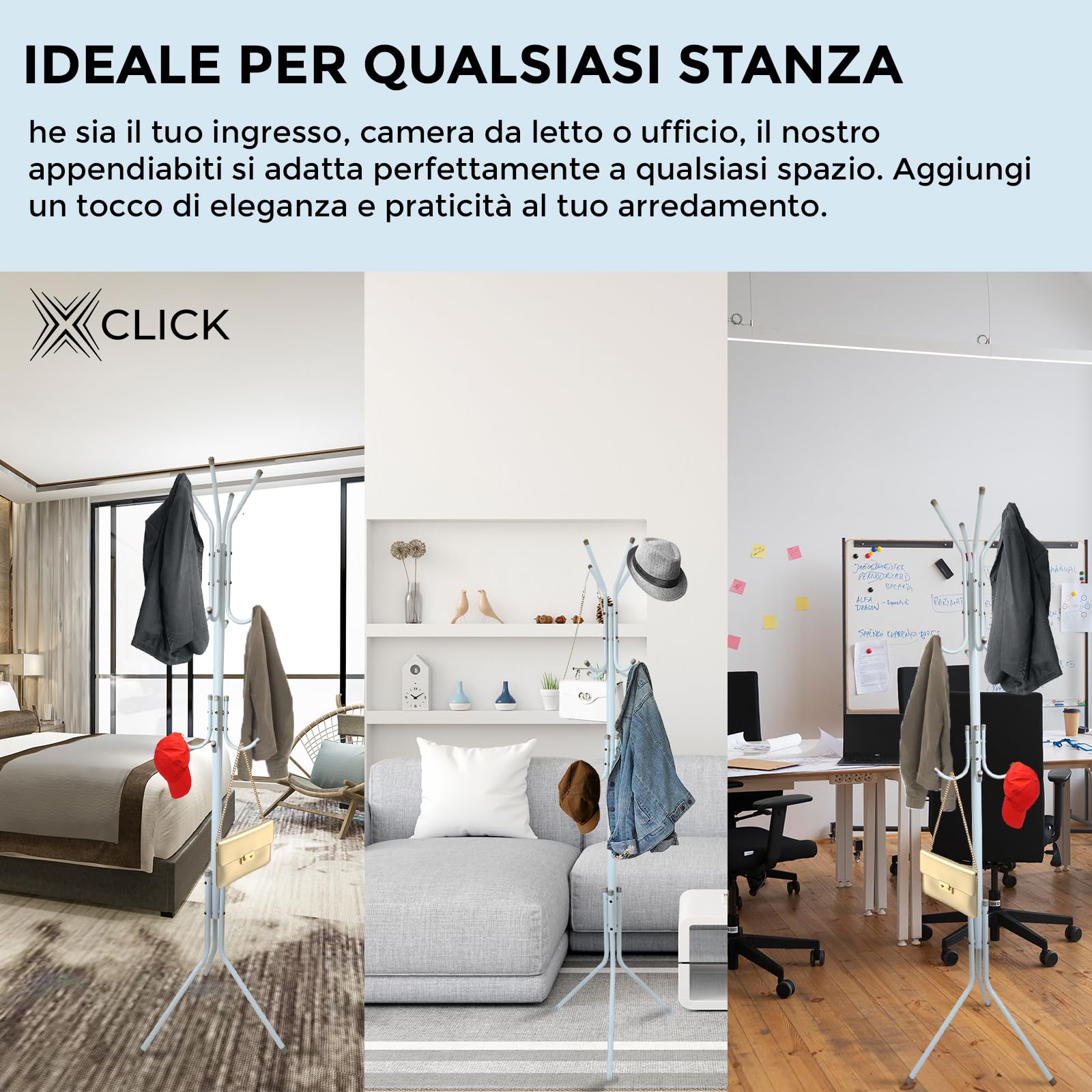 Attaccapanni da terra in metallo appendiabiti per abiti, borse, cappotti con 12 ganci, con base triangolare per una maggiore stabilità 175x43cm (BIANCO)