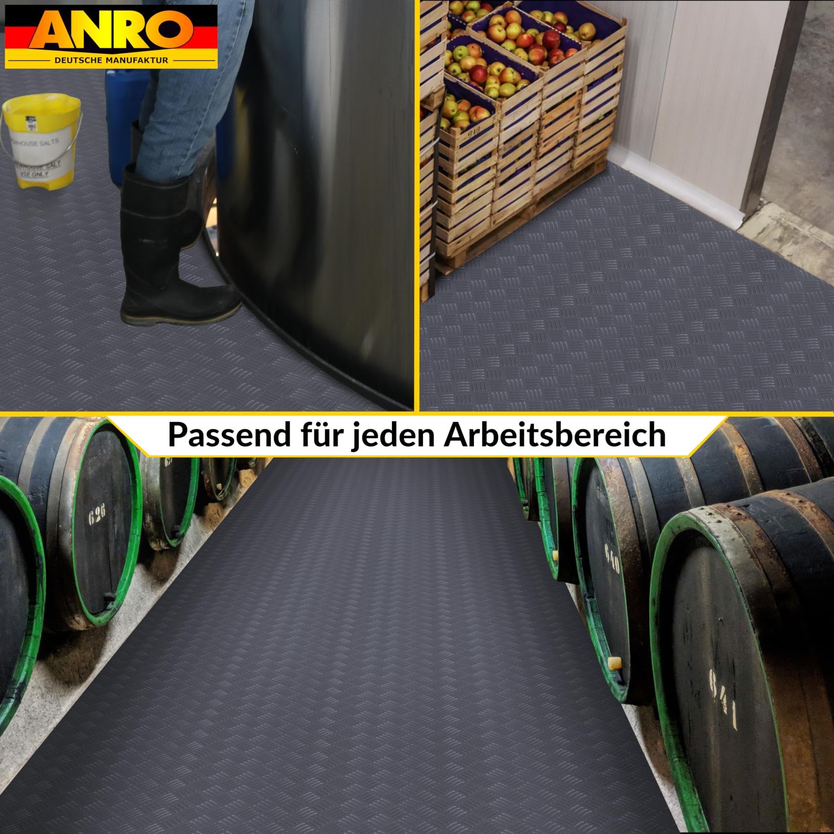 Revestimiento de suelo de PVC por metros, 1,5 mm, alfombrilla antideslizante, sin olor, alfombrilla granulada, chapa estriada, a cuadros, antideslizante, chapa estriada, antracita, 340 x 100 cm