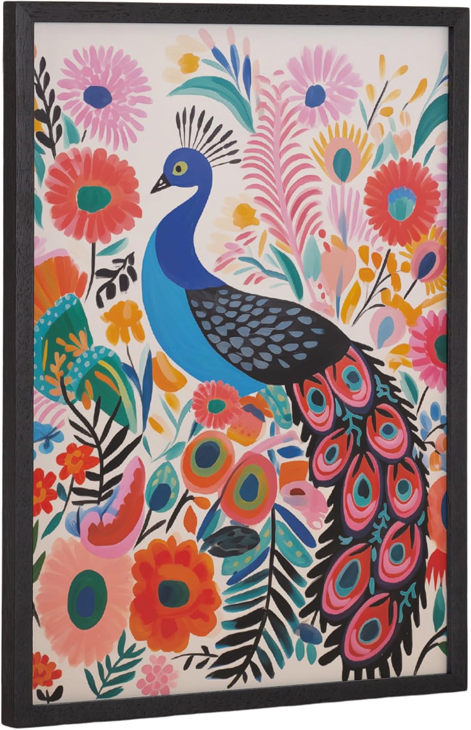 Kate and Laurel Bright Colorful Boho Peacock and Botanicals Framed Wall Art by The Creative Bunch Studio; 12x16 Black; Modern Vibrant Peacock Art for Wall