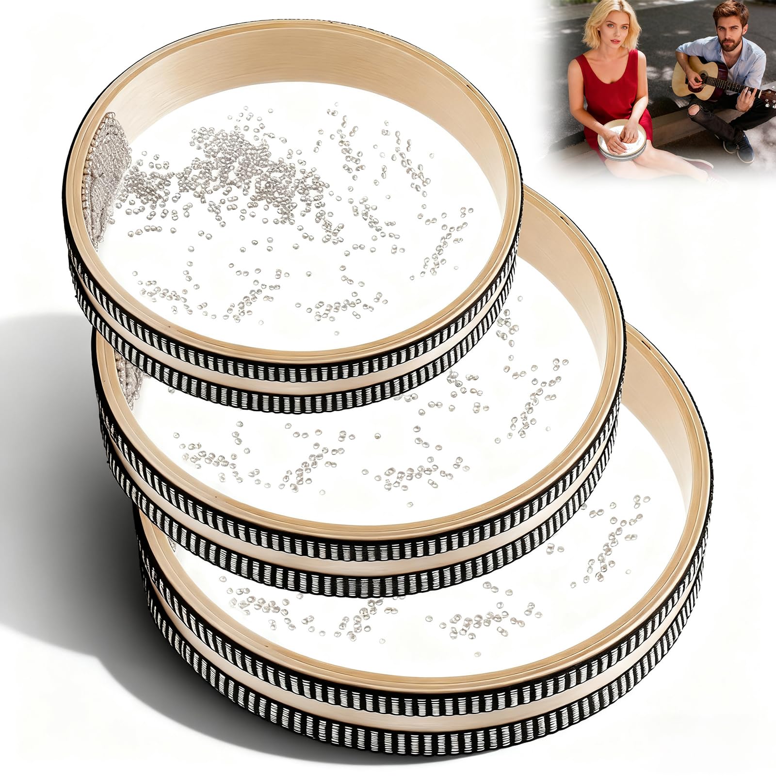 3 tamburi oceanici con perline a forma di onde oceaniche, per strumenti di guarigione del suono antistress, 15,2 cm, 20,3 cm, 25,4 cm