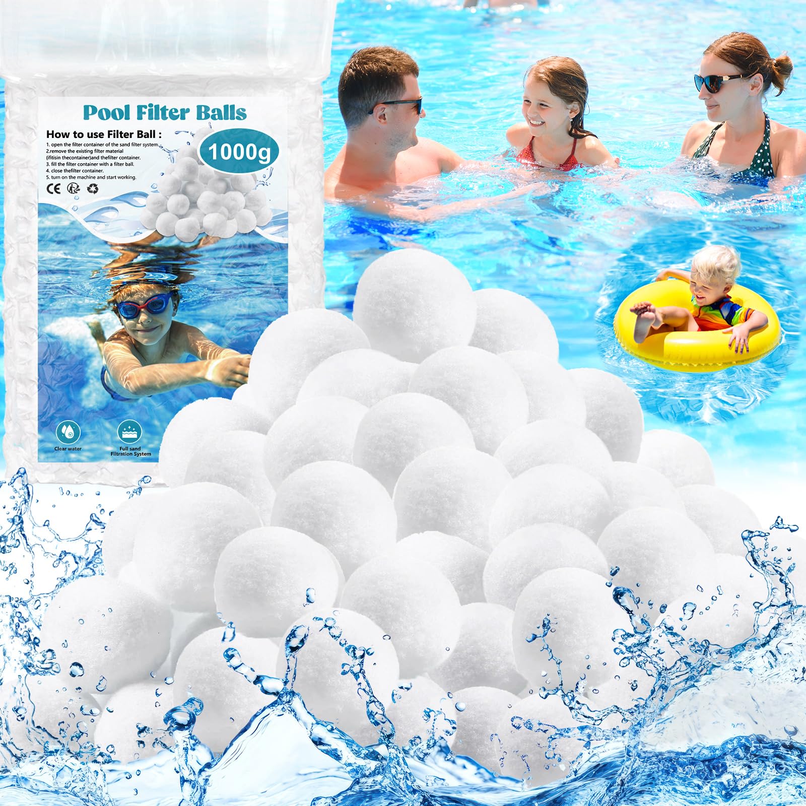 1000g Filtro Balls,Palline Filtranti per Piscina,Sfera Filtrante per Piscina,Filtro a Sfere di filtrazione,Essere riutilizzato,per Filtro Piscina,Adatto a Vari Filtro a Sabbia,Pompe Filtranti