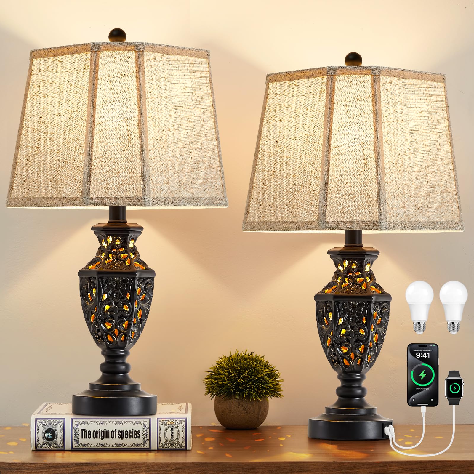 Lamps for Night Stands Set of 2-23 5 Vintage Bedside Lamp with USB A C and Nightlight -