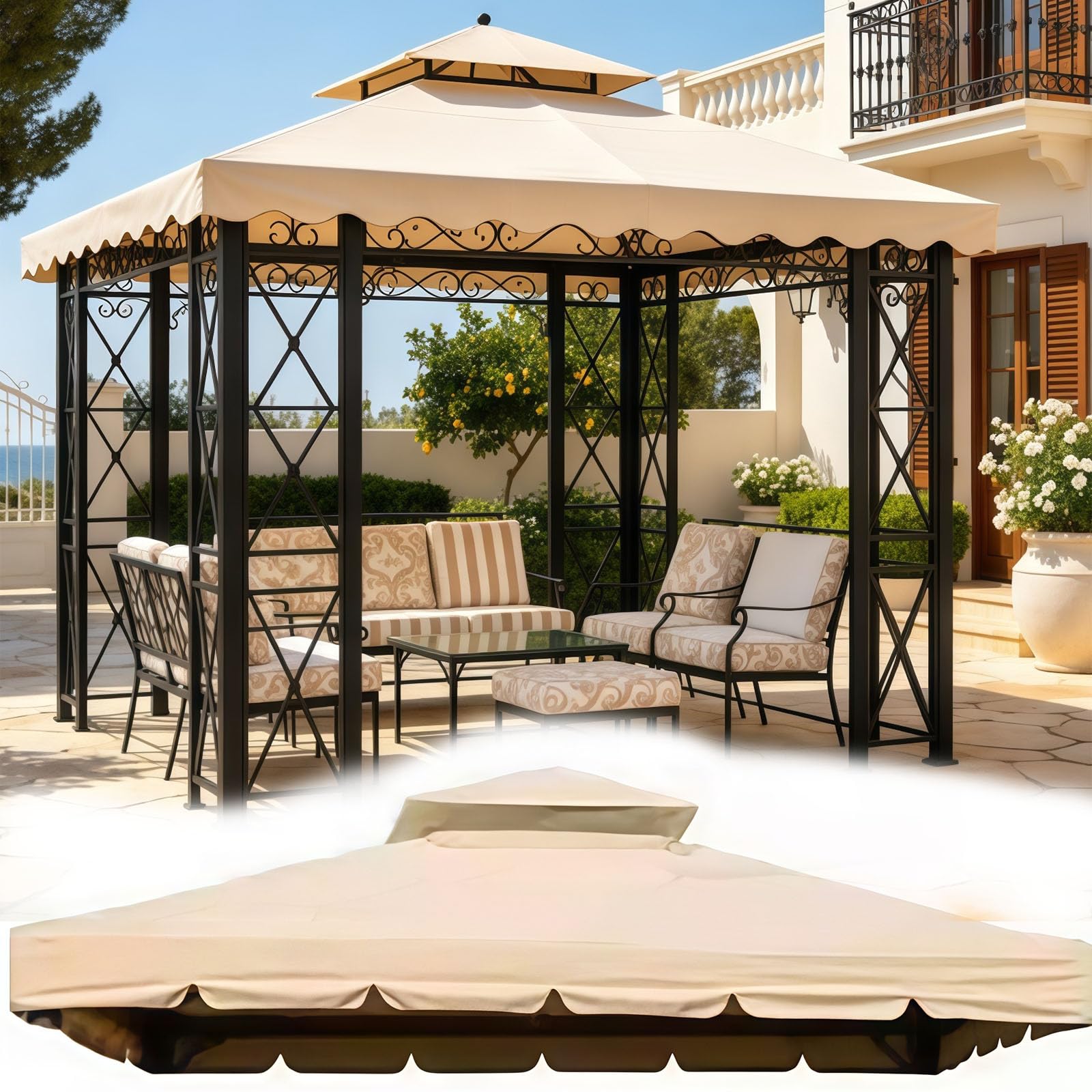 BOCXYTX Gazebo Replacement Canopy Waterproof, Double Tier BBQ Gazebo Roof Cover with UV Protection, Ventilated Patio Canopy Replacement,khaki,4X6m