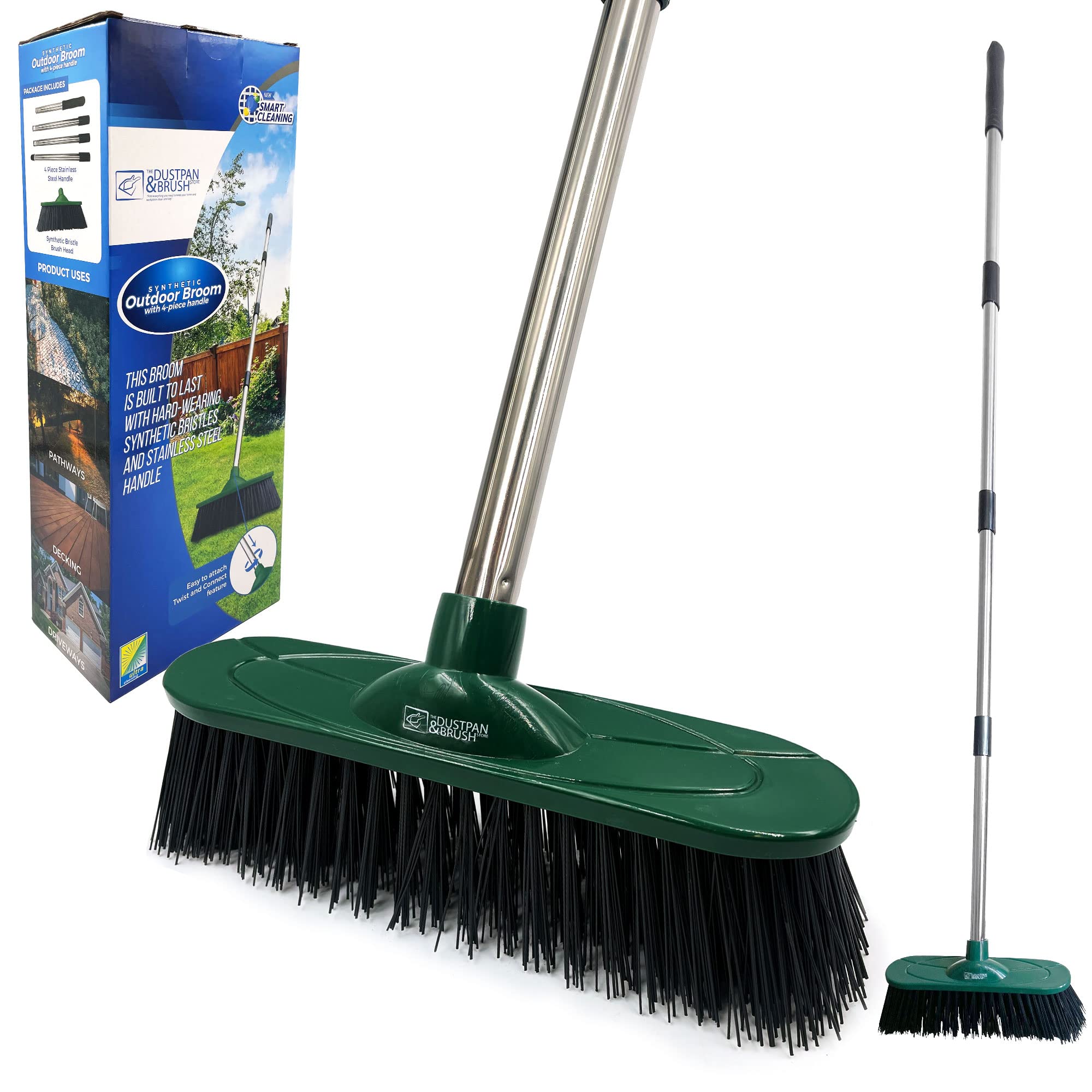 Yard Broom Outdoor Heavy Duty, 10” Garden Broom Synthetic Hard Bristle Brush Head with Strong Handle, Stiff Sweeping Brush Outdoor
