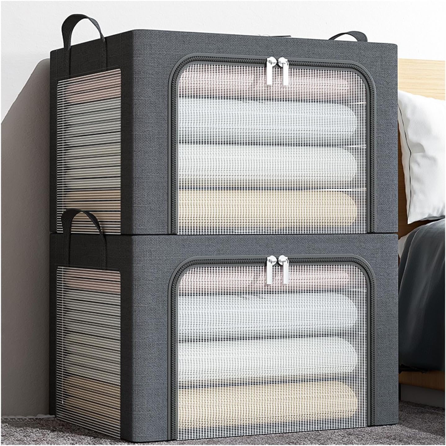 Clothes Storage, Foldable Blanket Storage Bags, Stackable Metal Frame Storage Containers, for Organizing, Clothing, Bedroom, Sweater, Quilts, Organizer, Grey