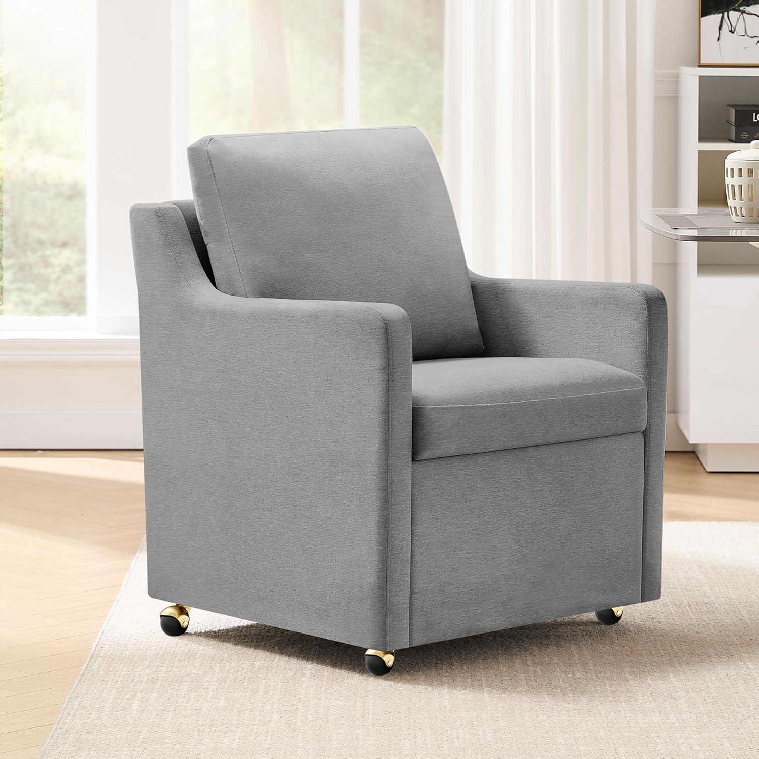 Linen Dining Chair with Casters Modern Storage Seat Design for Relaxing Upholstered Arm Chair, Single Sofa Chair