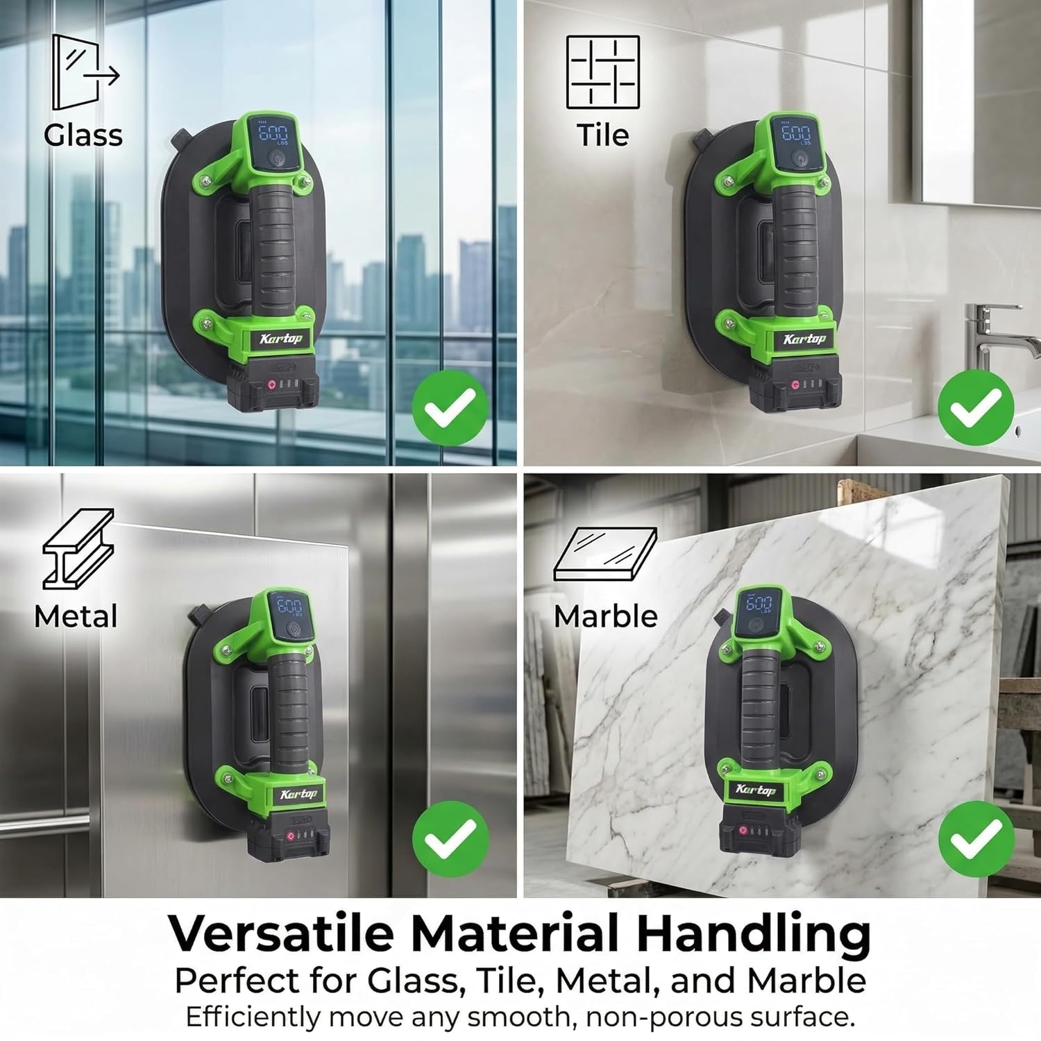 Heavy Duty Suction Cups for Glass Lifting, 600LBS Battery Powered Suction Tool with Digital Display, 4x2400mAh Batteries, Electric Lifter for Granite, Tile, Metal, Large Glass