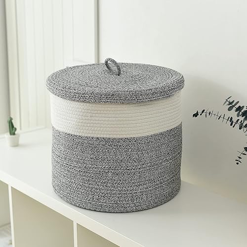 Miniatura 5 de Cesta para manta con tapa, 16 pulgadas de profundidad x 14 pulgadas de alto, canasta grande de cuerda tejida, cesta de almacenamiento de juguetes