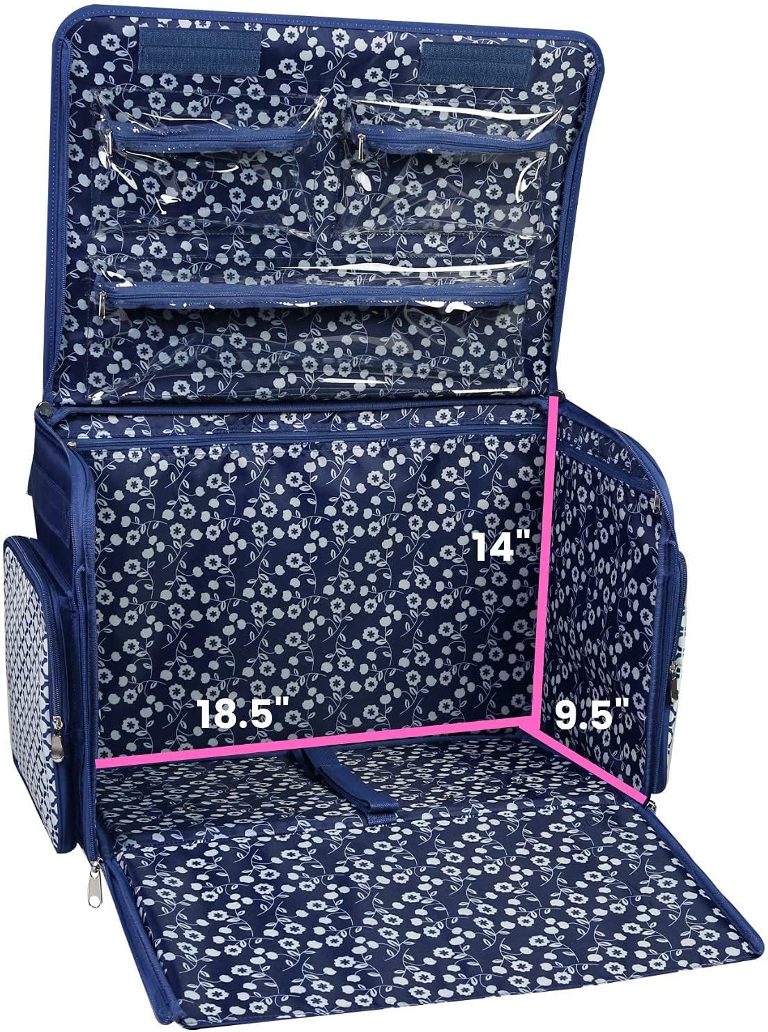Everything Mary 4 Wheels Collapsible Deluxe Sewing Machine Storage Case, Blue - Rolling Trolley Carrying Bag for Brother, Singer, Bernina & Most Machines - Travel Tote Organizer for Accessories