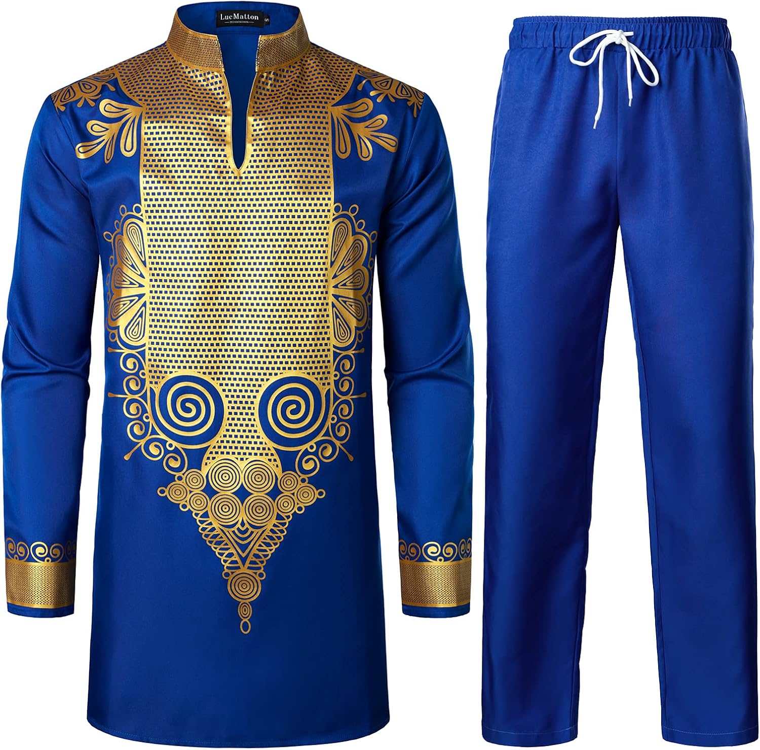 LucMatton Men's African 2 Piece Set Long Sleeve Gold Print Dashiki and Pants Outfit Traditional Suit