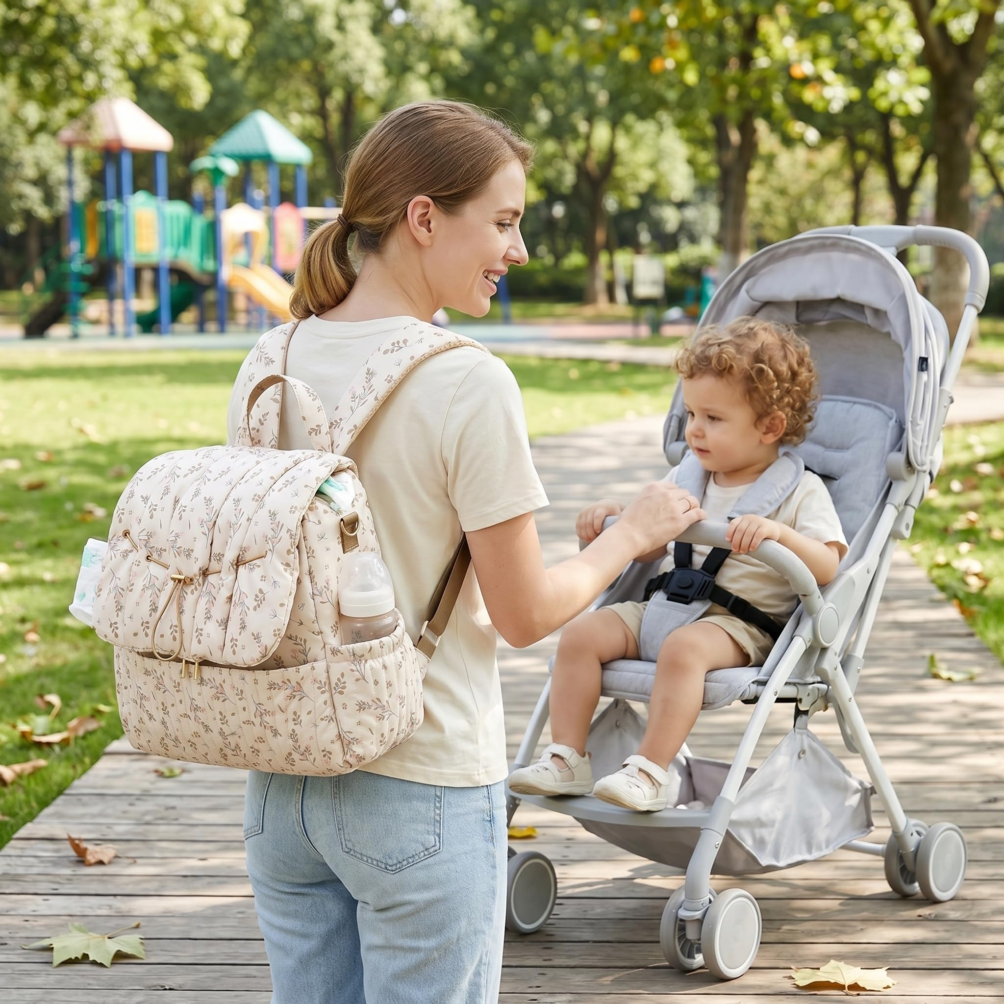 Bolsa de pañales floral, mochila de pañales floral, bolsa de múltiples bolsillos para madres, elegante mochila de viaje y al aire libre para madre (beige)