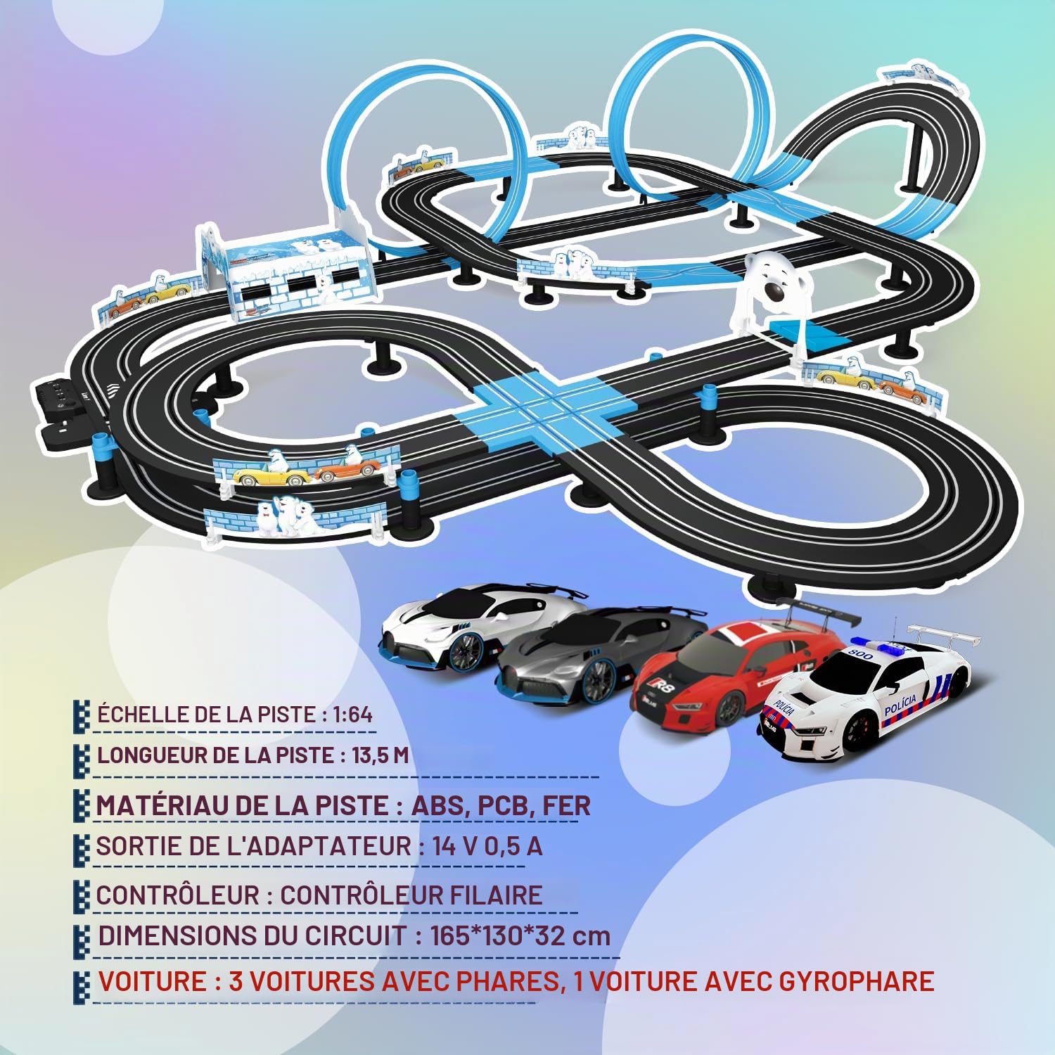 Set de Course de Voitures Slot avec Affichage des Tours à LED, Retour Vocal, 4 Voitures sous Licence, Piste de 13,5 m (44 Pieds), alimenté électriquement ou par Batterie pour Enfants et Adultes