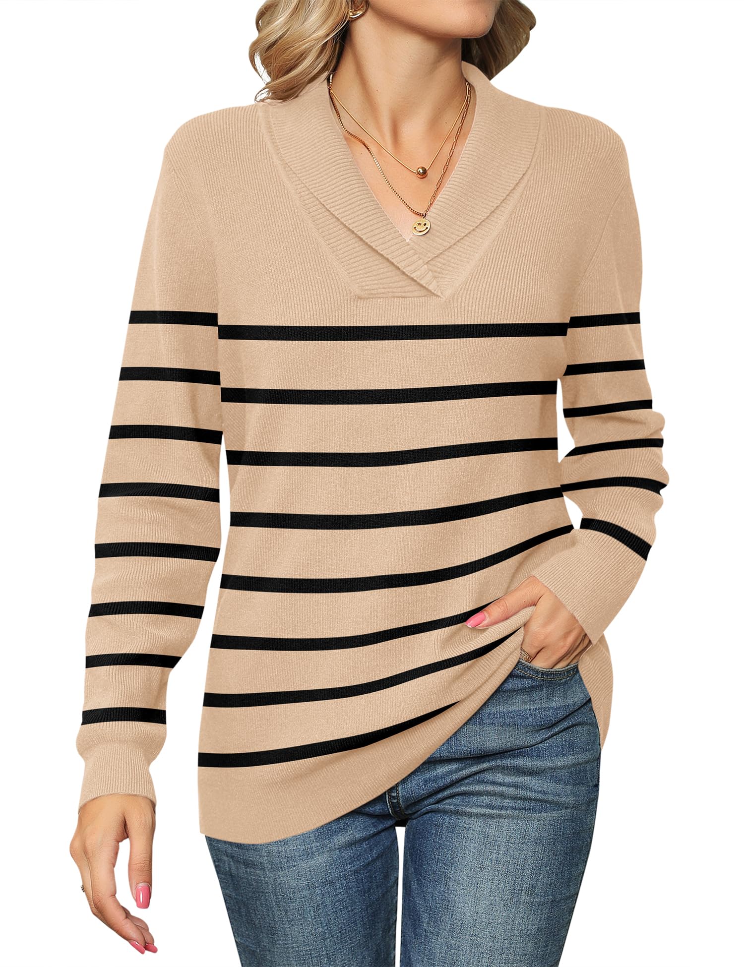 Ivicoer Women Long Sleeve V Neck Pullover Collar Knitted Sweaters