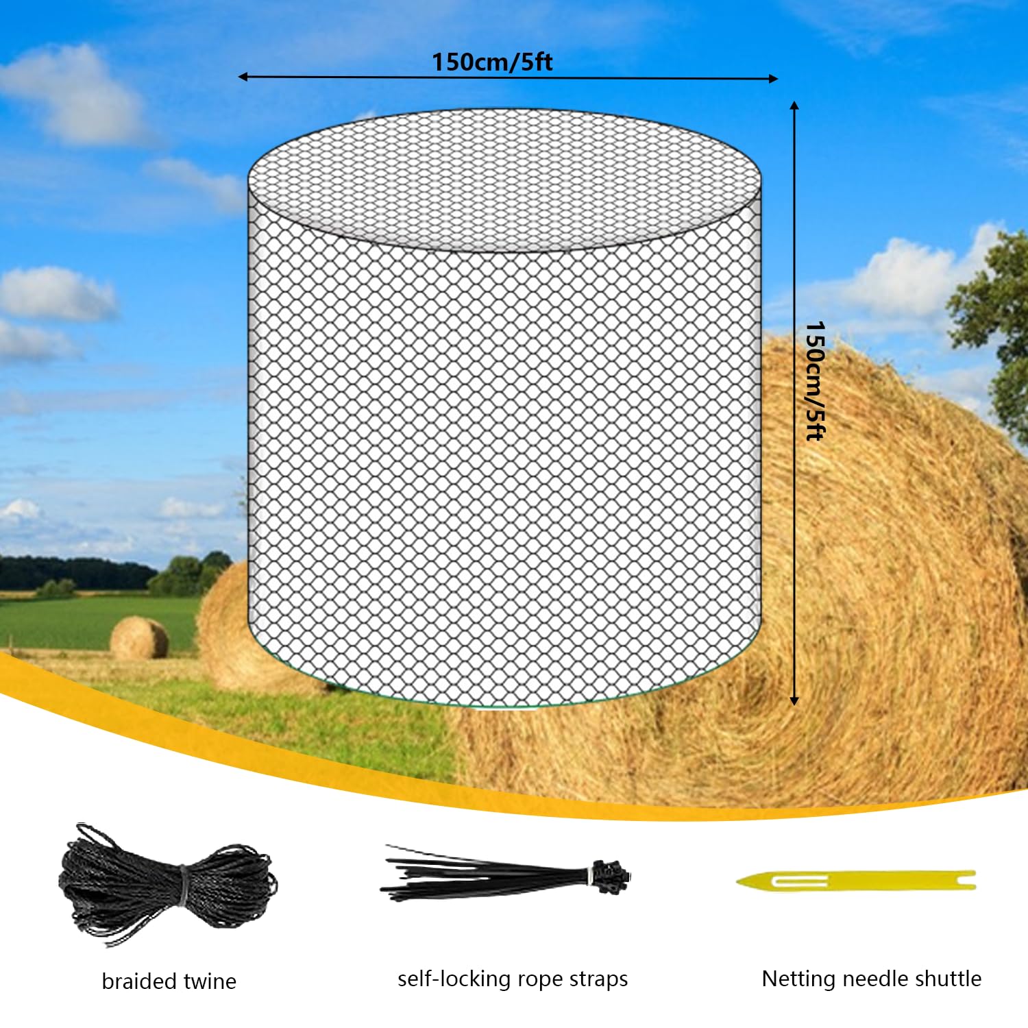 Hooiennet voor ronde ballen, 5 x 5 ft maaswijdte 4,5 x 4,5 cm, fijnmazig voedernet voor paarden, hooiennet voor diervriendelijke voeding, rond balnet geschikt voor hooiruf, verlenging van de eettijden