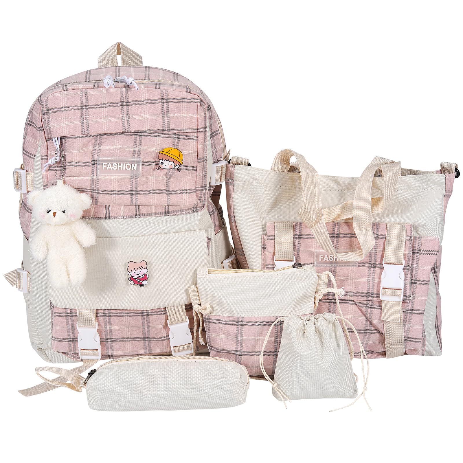 Mordelar 5Pcs Canvas School Backpack Combo Set with Kawaii Bear Pendant Cute Pins Plaid Check Handle Shoulder Bag Schoolbag