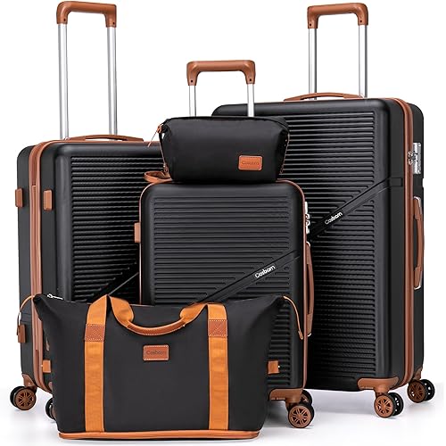 Unisex 5 Piece Luggage Sets with Spinner Wheels, Hardshell ABS Suitcase Set with Tsa Lock, Lightweight Hardside Waterproof Travel Suitcases for Men Women, Black