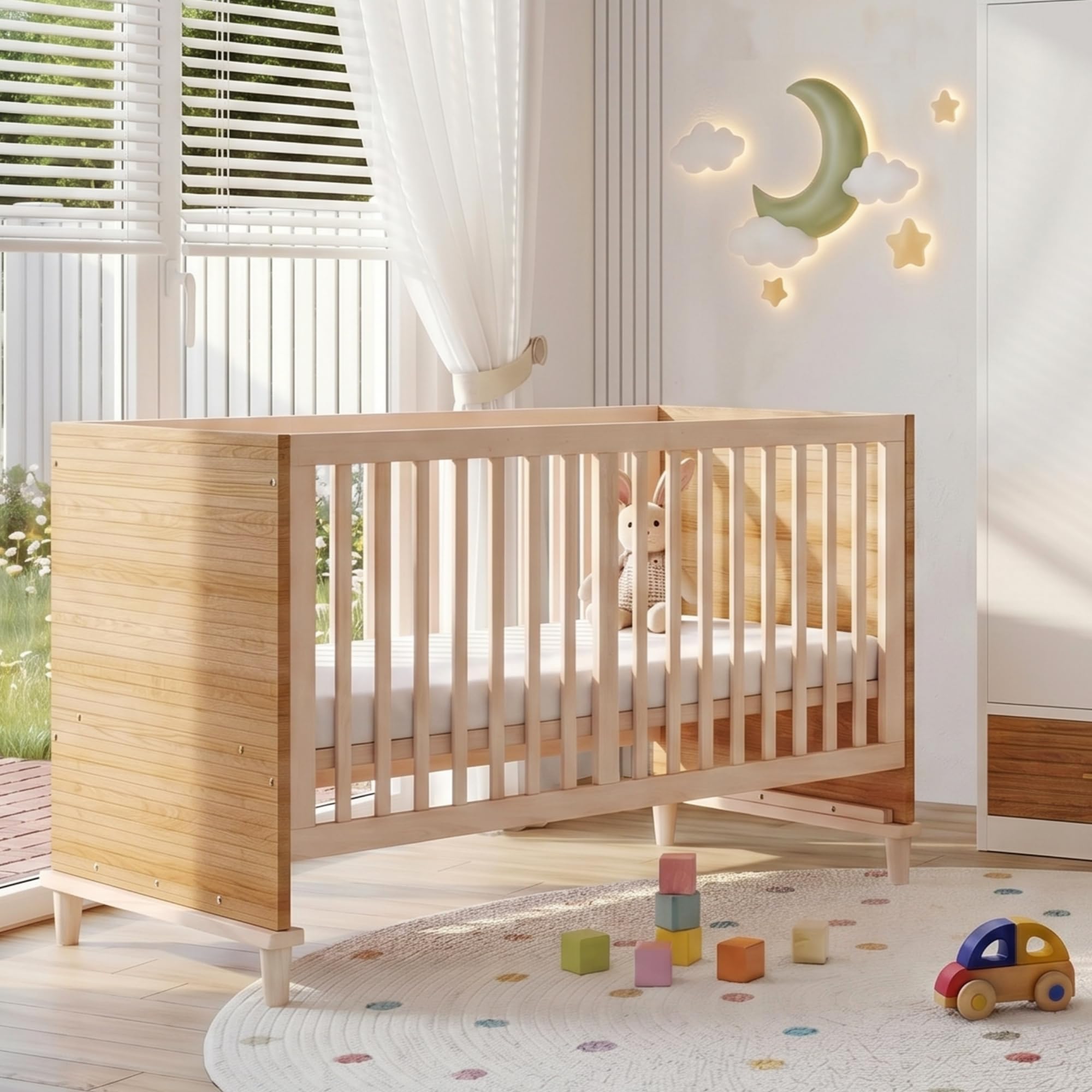 SUKY Gitterbett, 5-stufige Höhenverstellung, Babybett mit stabilen Stützbeinen, ohne Matratze, Naturholzfarbe, 70 x 140 x 87 cm, Natürlich