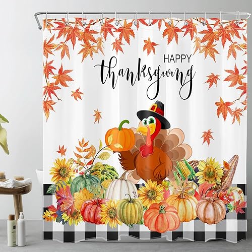 LB Thanksgiving Turkey Shower Curtain for Bathroom,Autumn Harvest Pumpkin Sunflower Floral and Maple Leaf Fabric Shower Curtain with Hooks,Farmhouse