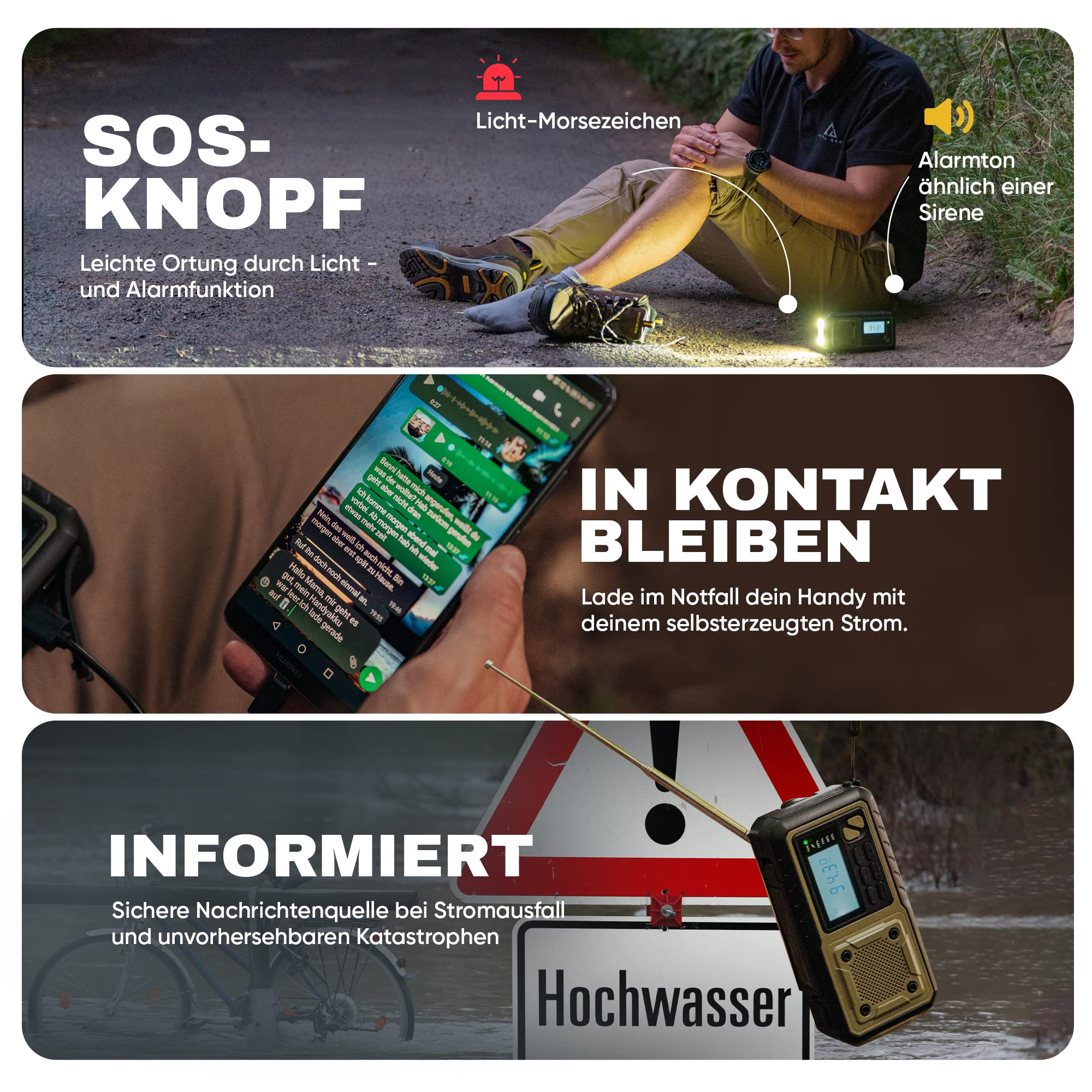 Kurbelradio, Notfallradio mit 5.000 mAh Akku (Armee Grün) | AM/FM/SW, mit USB, Batteriebetrieb möglich, Notfallausrüstung für Blackout, integrierte Taschenlampe, Ladegerät für Handy