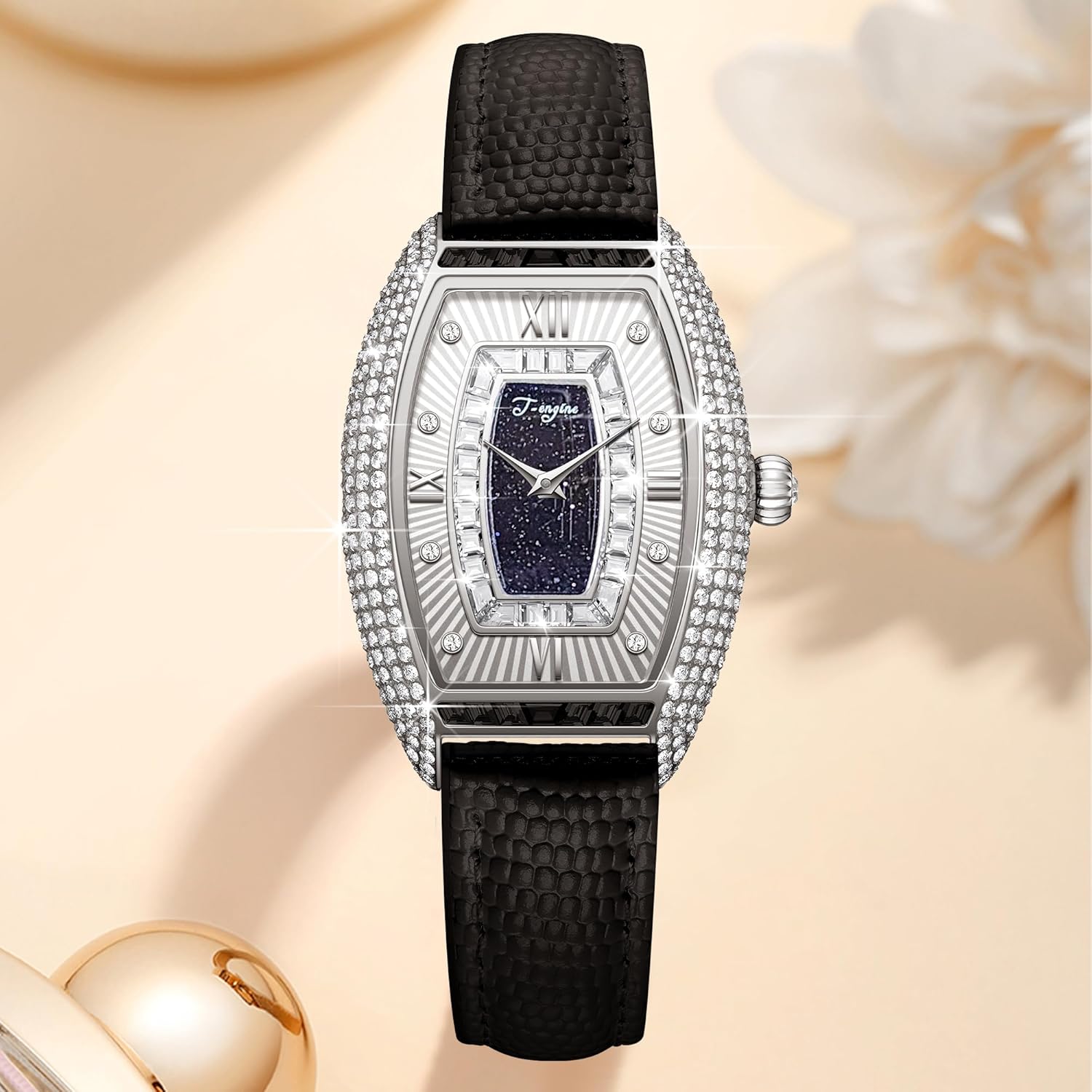 T-ENGINE Luxury Women's Watch with Diamond Inlay, Multi-Colored Zircon Accents, Sapphire Glass Face, Genuine Leather Strap - Elegant Women's Wrist Watch
