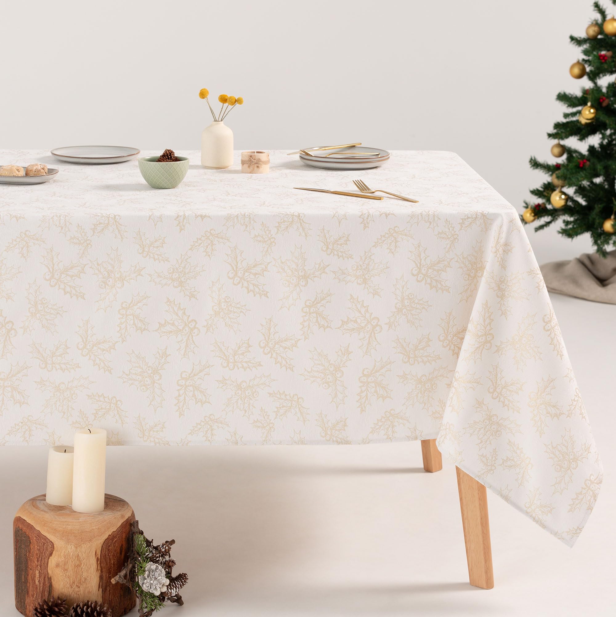 Gamusi White Tablecloth Christmas Floral Jacquard Thread Gold Dining Table Rectangular Christmas Decoration 140 X 240 Cm
