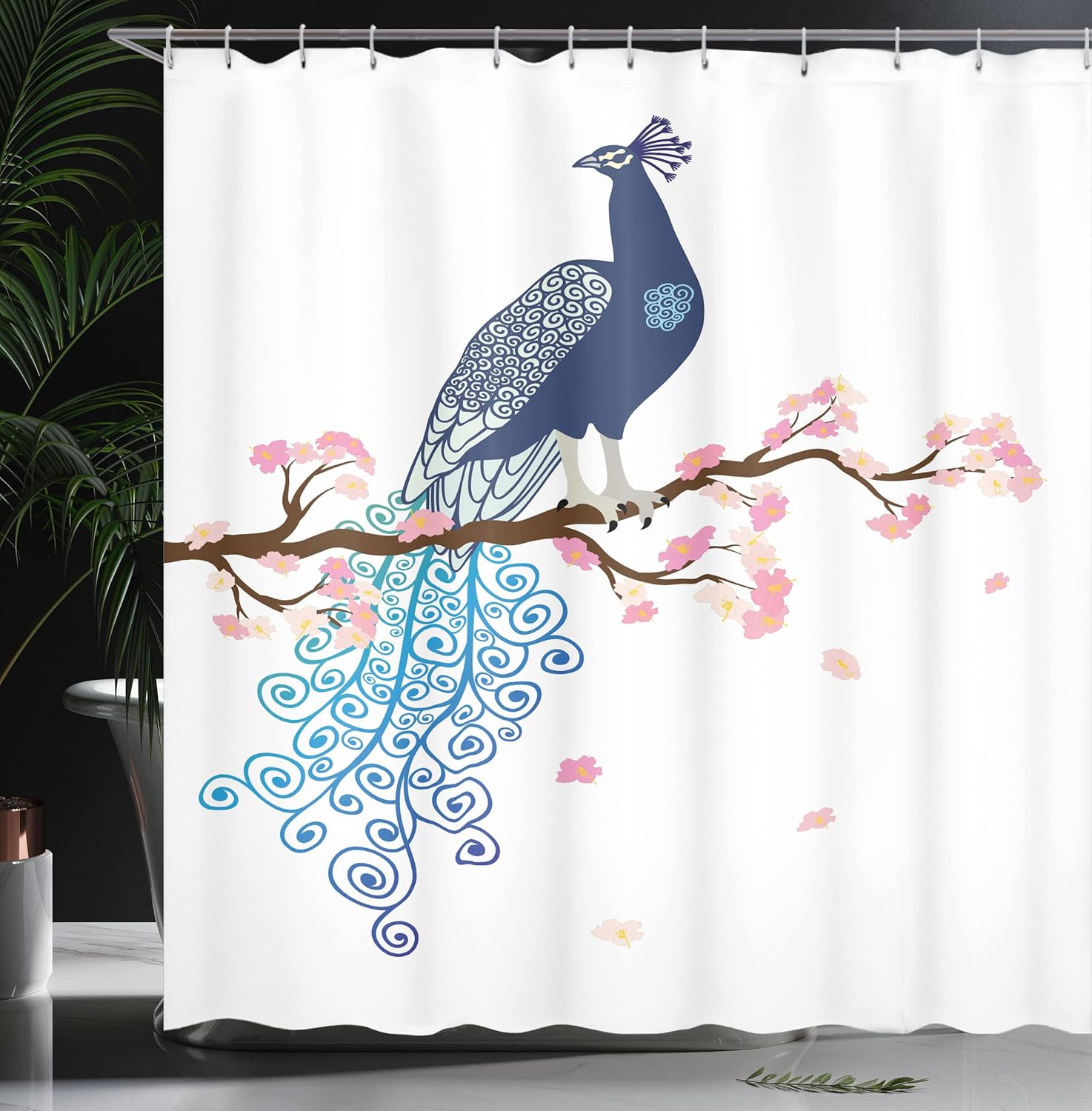 Ambesonne Peacock Shower Curtain, Illustration of Abstract Peacock on Blossom Tree Branch Ornate Summertime, Cloth Fabric Bathroom Decor Set with Hooks, 69" W x 75" L, Pink Brown