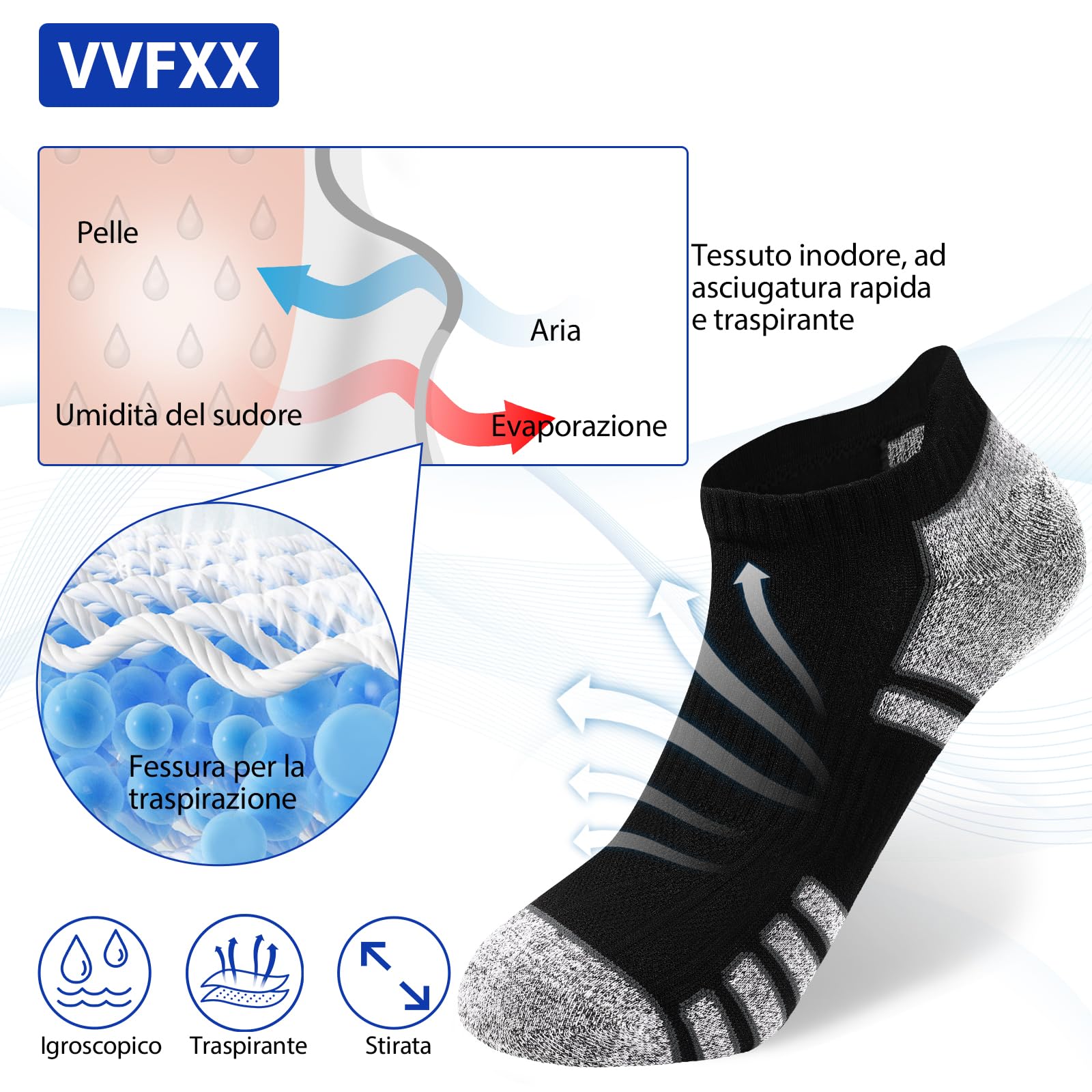 vvfxx Calze Corte Uomo Supporto Arco Plantare,Calzini Uomo Corti Estivi,Calzini Cotone Uomo,Antiodore e Traspirante,6 Paia