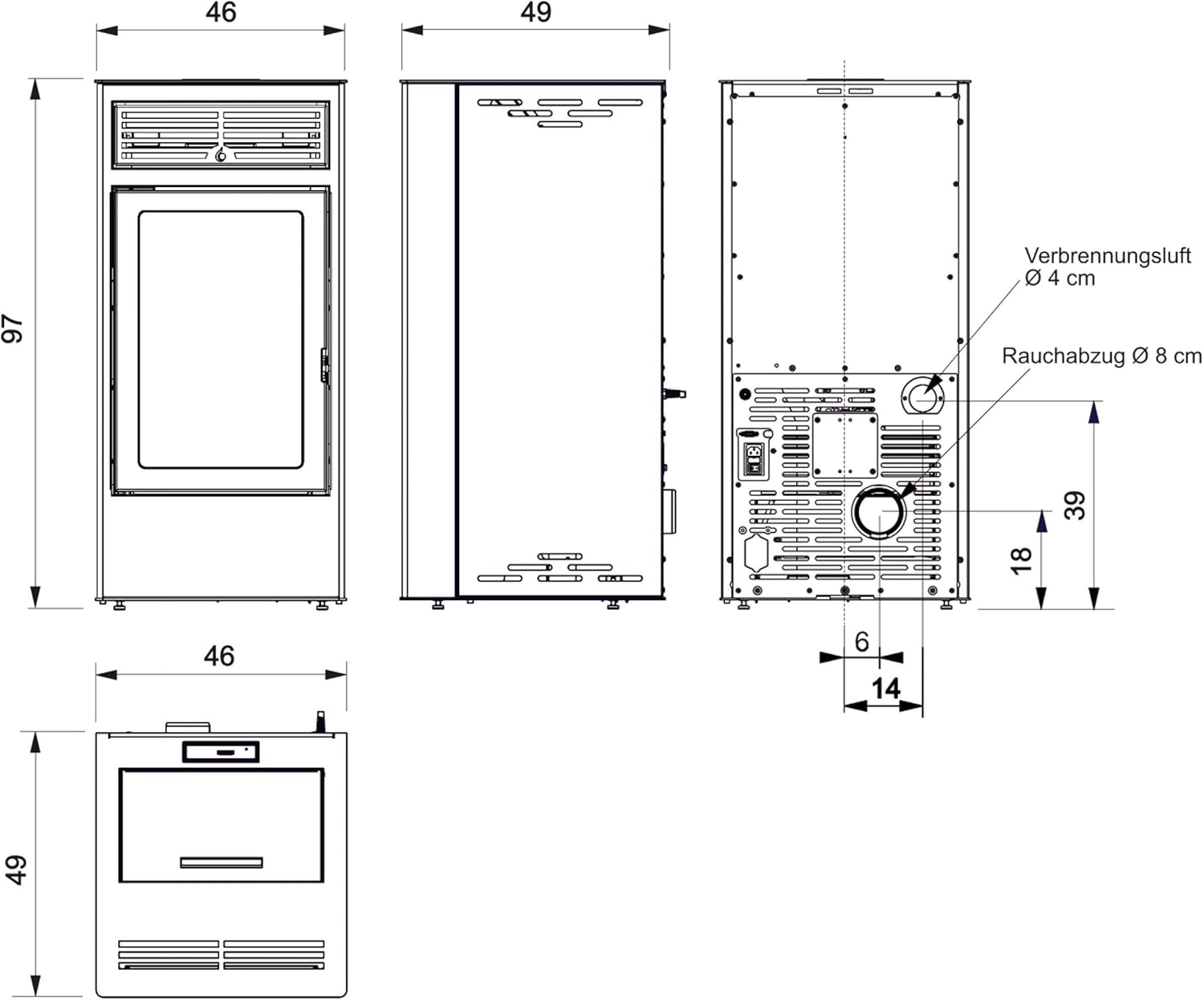 Technical drawing with dimensions of Italiana Camini Yulia 810970 Pellet Stove