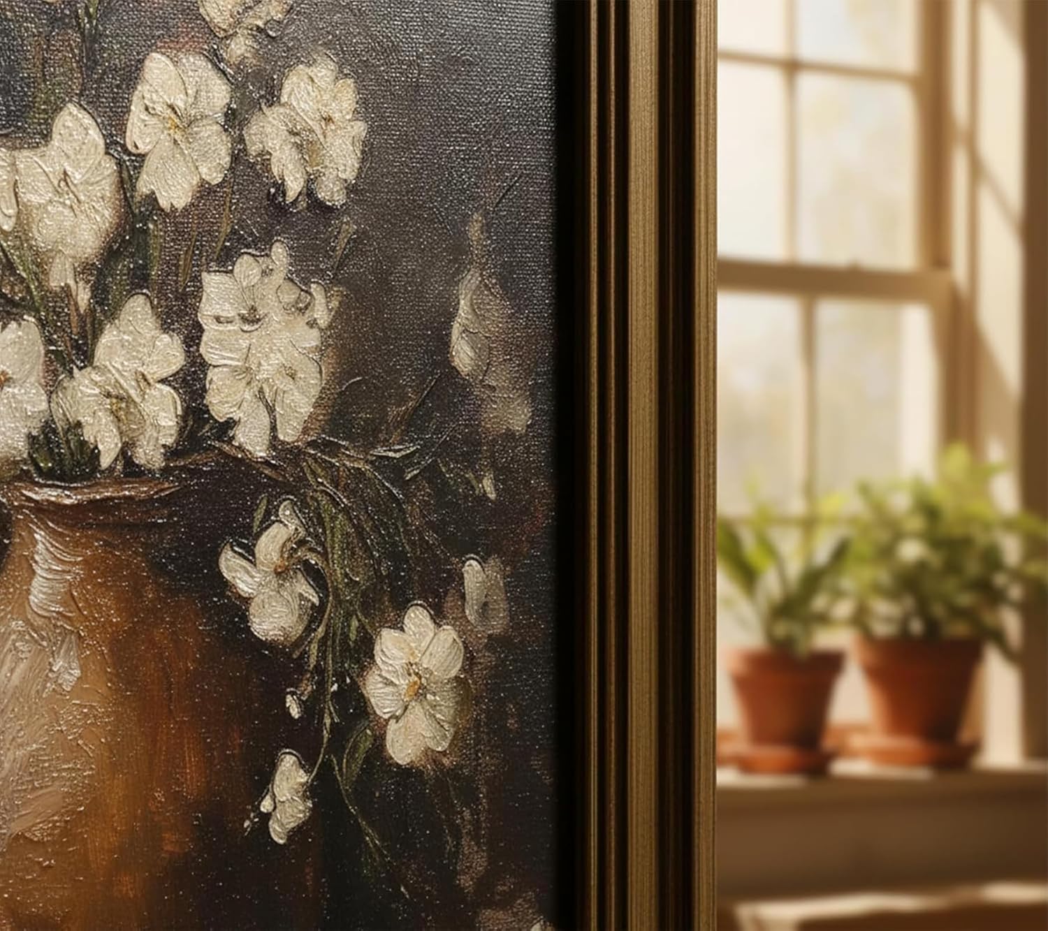 Gold Framed Flower Canvas Wall Art, 3D Textures Flower Painting Picture Wall Decor, Vintage Still Life Poster Print Rustic Farmhouse Artwork for Bathroom Bedroom Home Decoration 12x16in